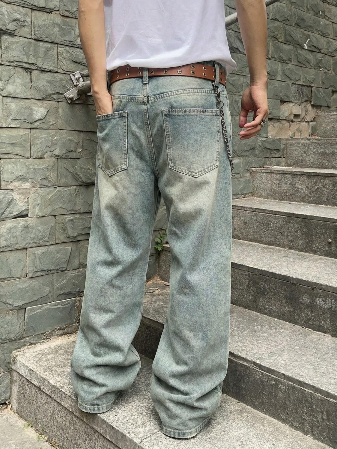 Men's Vintage Washed Loose Fit Wide Leg Jeans Pants, Menswear Long Y2K Street Style Denim Jeans, Perfect Gift for Boyfriend & Husband