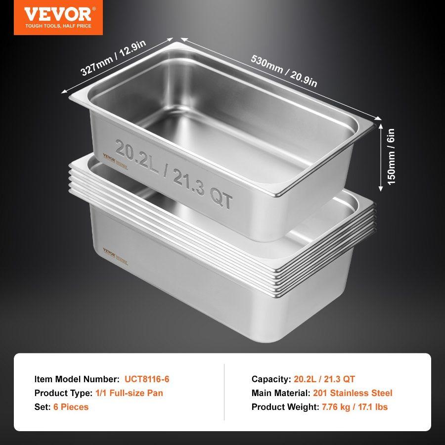 fathersdaygift VEVOR 6 Pack Hotel Pans, Full Size Anti-Jam Steam Pan, 0.8mm Thick Stainless Steel Restaurant Steam Table Pan, 6-Inch Deep Commercial Table Pan, Catering Storage Food Pan, for Industrial Scientific