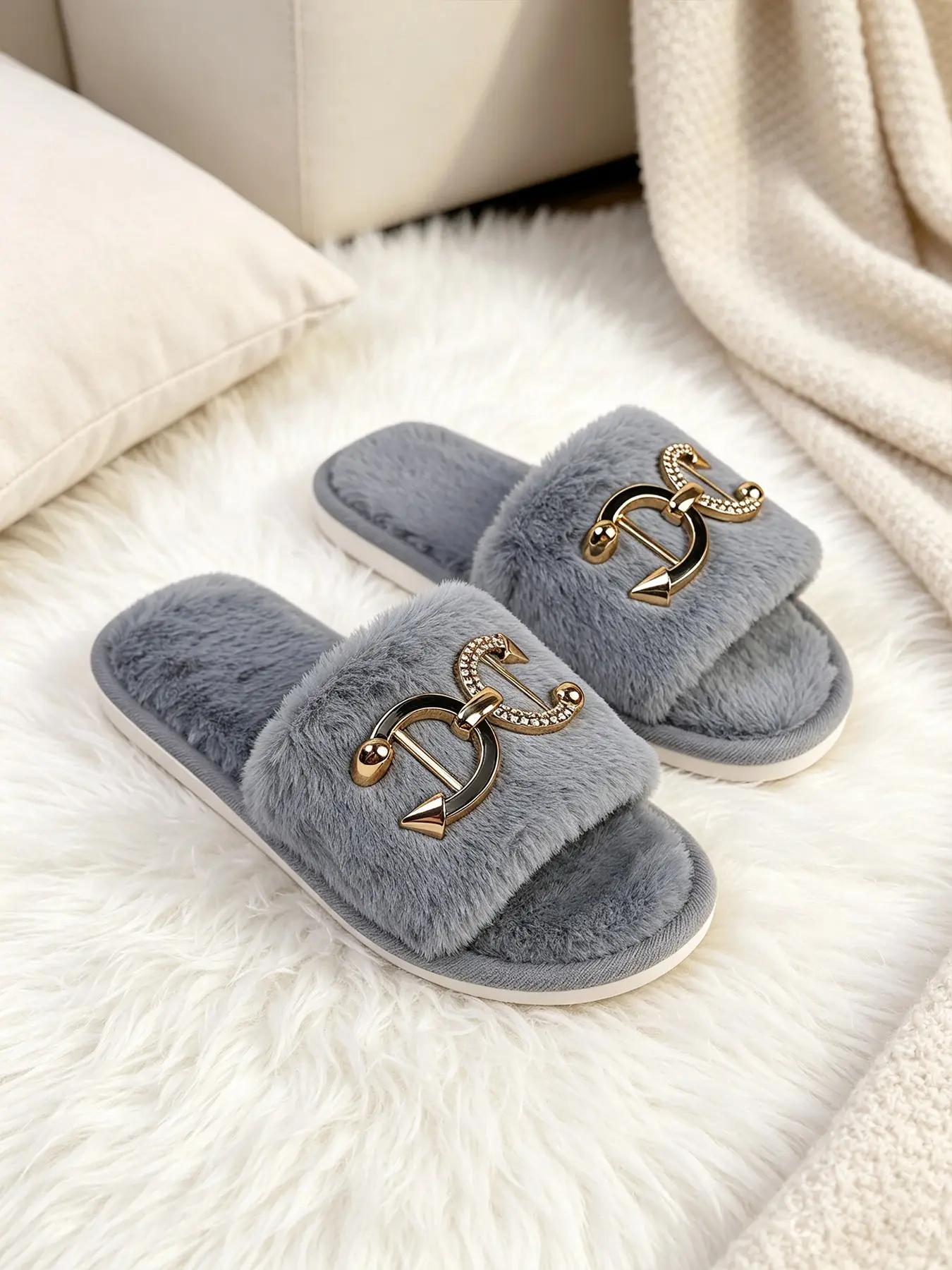 Women's Winter Slippers, Soft-Soled Fuzzy House Slippers, Indoor Warm Slippers, Home Slippers, Fashion Solid-Color Design with Shiny Accents, Breathable, Anti-Slip, Non Slip Slippers, Casual Retro Style
