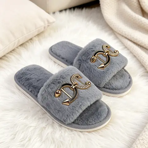 Women's Winter Slippers, Soft-Soled Fuzzy House Slippers, Indoor Warm Slippers, Home Slippers, Fashion Solid-Color Design with Shiny Accents, Breathable, Anti-Slip, Non Slip Slippers, Casual Retro Style