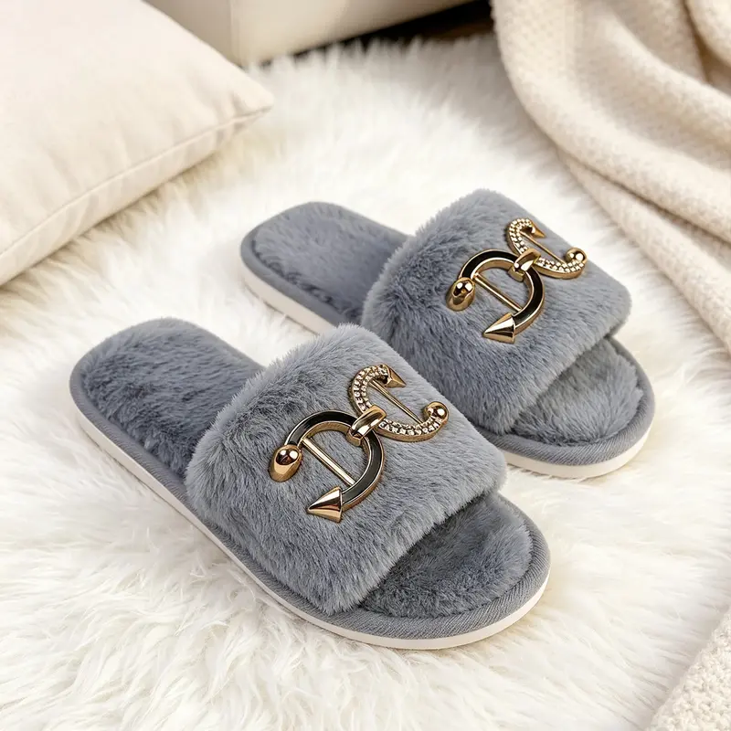 Women's Winter Slippers, Soft-Soled Fuzzy House Slippers, Indoor Warm Slippers, Home Slippers, Fashion Solid-Color Design with Shiny Accents, Breathable, Anti-Slip, Non Slip Slippers, Casual Retro Style