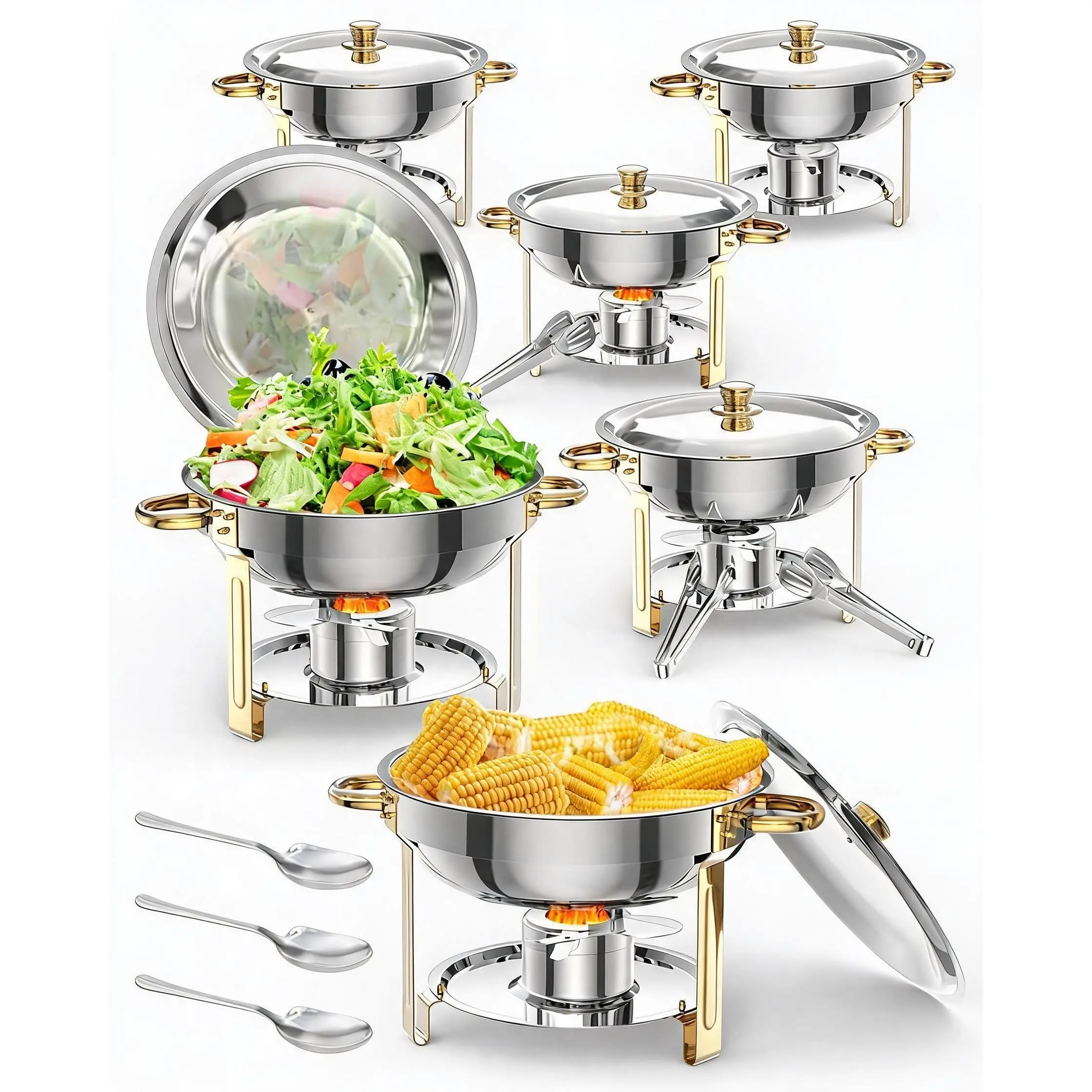 Garvee 6-Pack 5 Quart Gold Chafing Dish Set with Stainless Steel Buffet Warmers for Catering and Events, Durable and Elegant Food Serving Solution