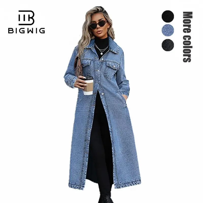 BIGWIG Women's Long Denim Jacket, Spring/Autumn Outerwear, Stylish Casual Top, Elegant Bohemian Style, Button-front Closure, Long Sleeves, Urban Fashion Denim Trench Coat, Lightweight Jacket