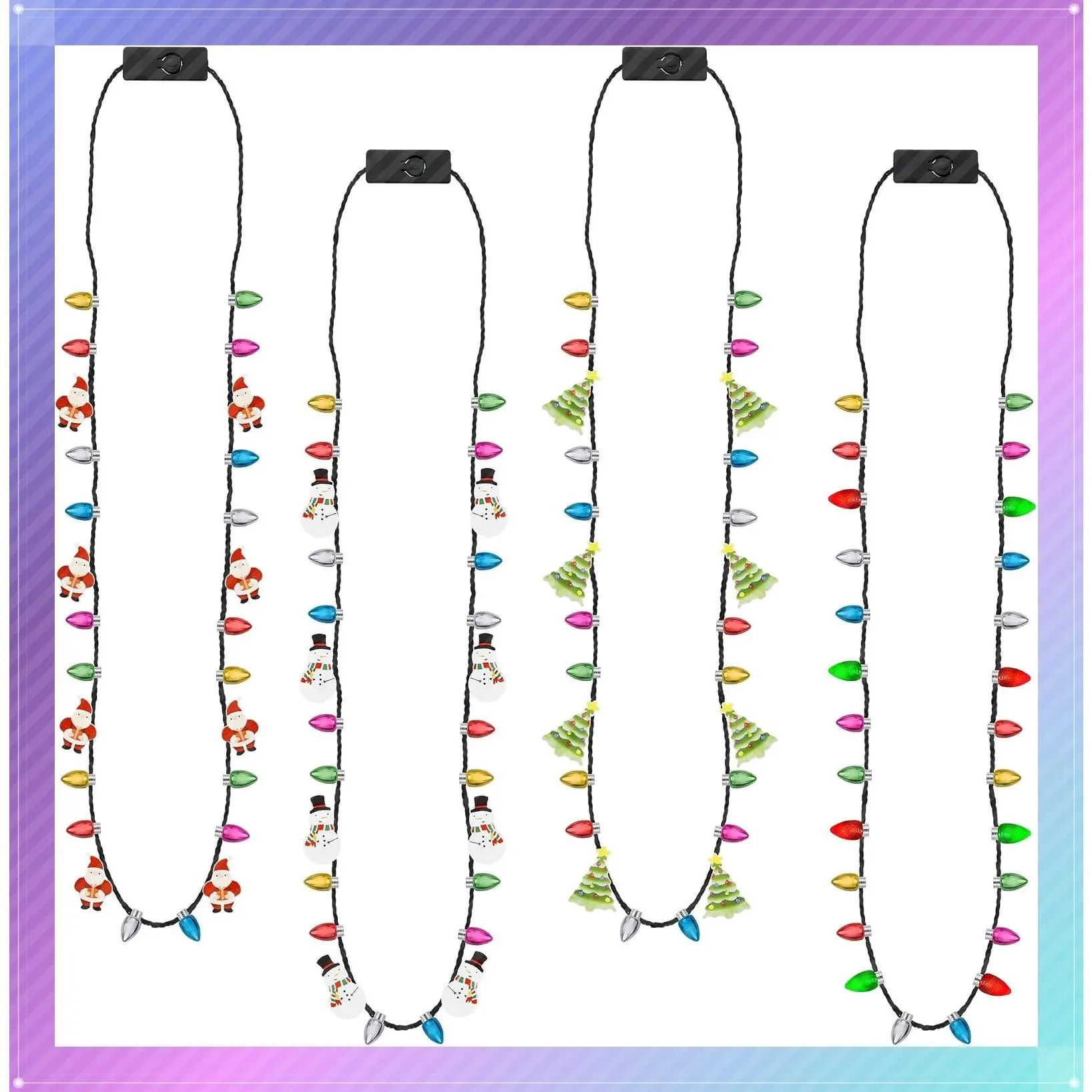 Christmas Necklace, 4Pcs Glowing Bulb Xmas Tree Santa Candy Cane Necklaces, 3 Modes Colorful Party Favors, Ugly New Year Eve Supplies Accessories | 4 Styles Light Necklace with Tree Santa Candy Cane SnowmanGift
