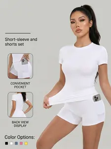 Women's Solid Color Athleisure Set, Basic Versatile T-Shirt Top, Fashion Multi-Purpose Slimming Hip-Lifting Gym Shorts, Yoga Fitness Gym, Multifunctional Sportswear