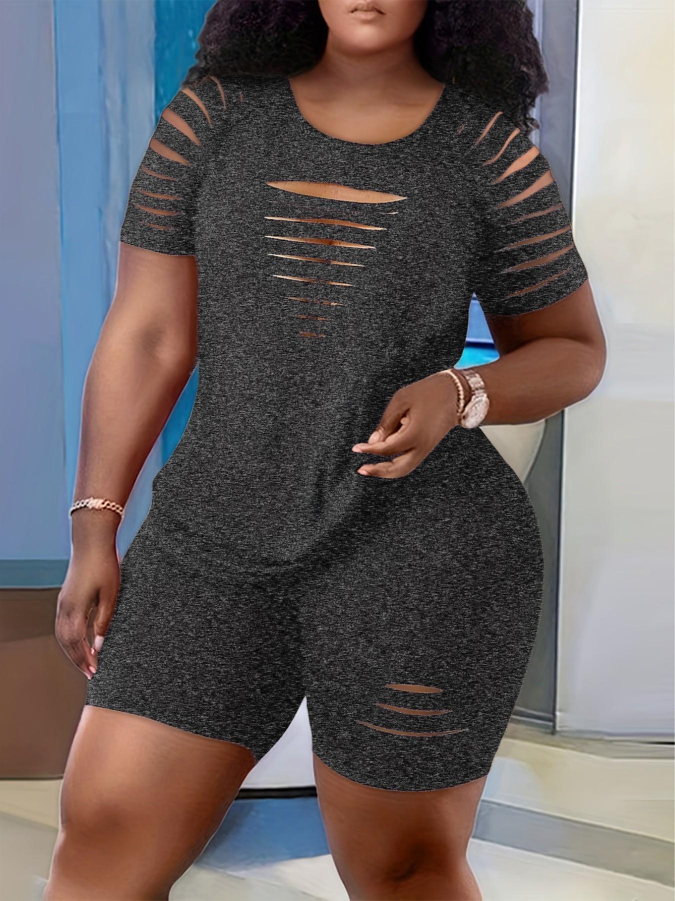 Plus Size Women's Ripped Design Sporty Round Neck Short Sleeve T-Shirt + High Waist Sporty Shorts, Casual Fashion Set, Street Style Sports Recommendation