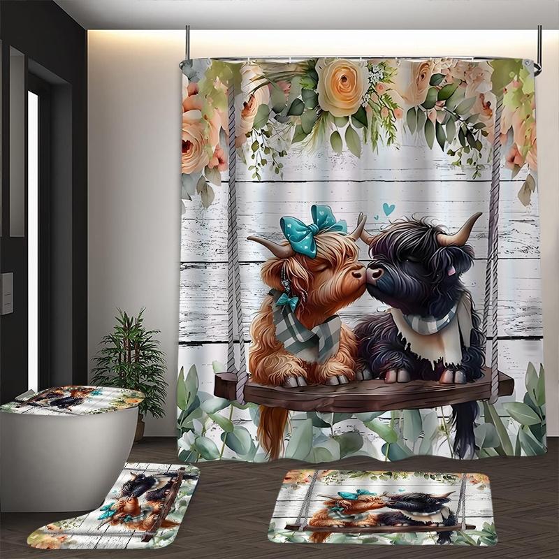 Bathroom Decor Set with Cow & Flower Pattern, Includes Hooks Curtain Toilet Lid Cover Bath Mat Rug, Rustic Style Bathroom Accessories, Shower Curtain Set