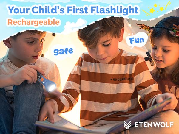 ETENWOLF Kids Flashlight Rechargeable Mini Flashlight with Fun Stickers 1500mAh Battery Adjustable Brightness with 6 Light Modes IPX5 Waterproof Flashlight for Home Camping and Emergencies