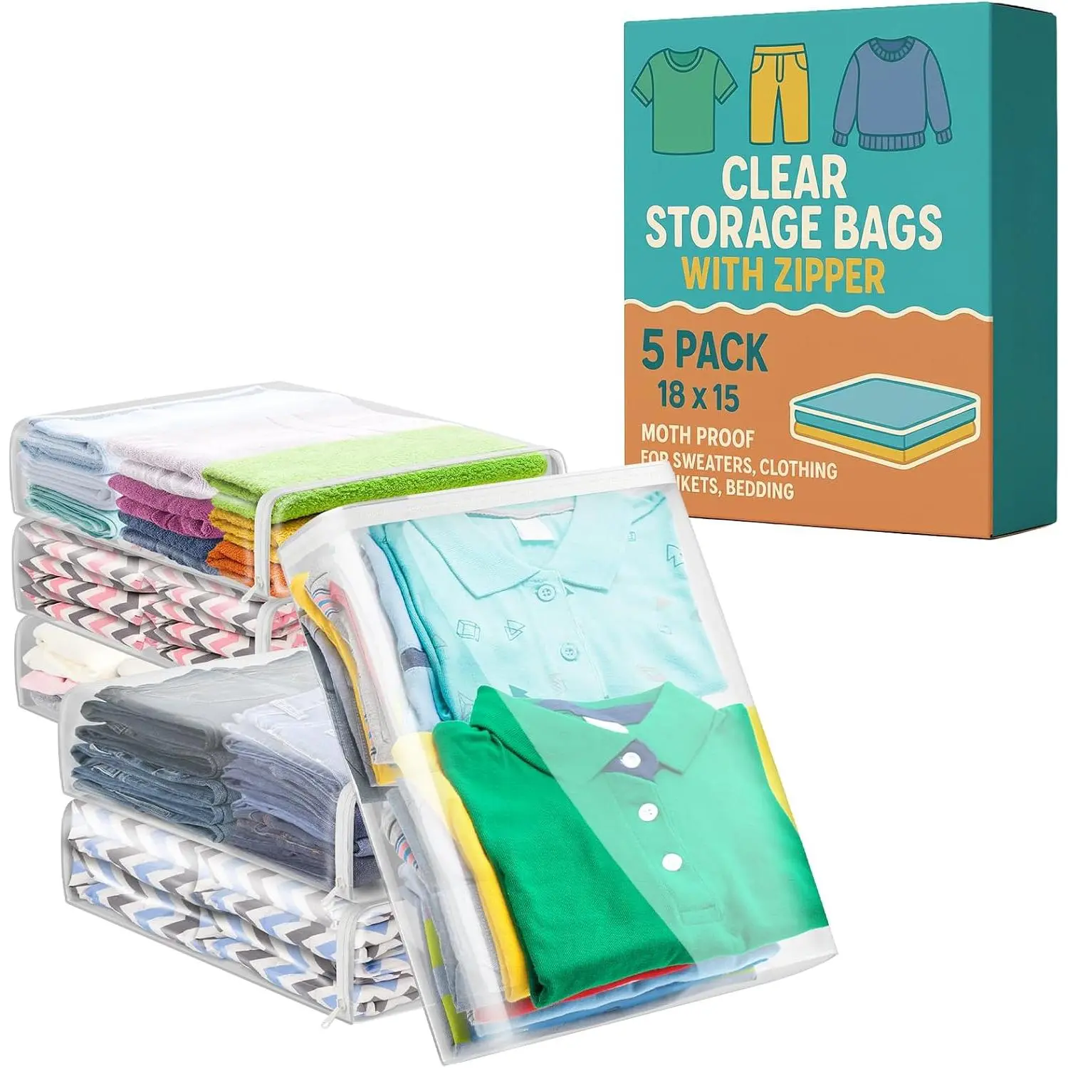 Sweater Bags Moth Proof, Clothing Storage Bags, Clothes, 18x15x4", 5 Pack |  Bag with Zipper, Sweater Storage, Clear Zippered Organizers, Blanket, Linen, Bedding, Quilt, Vinyl, Plastic