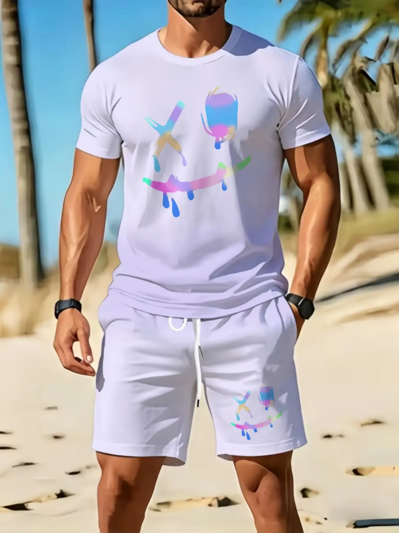 Men's Colorful Melting Smile Print Short Sleeve Set, Cool Ghost Face Pattern T-Shirt and Shorts Two-Piece Set, Streetwear Casual Men's Clothing
