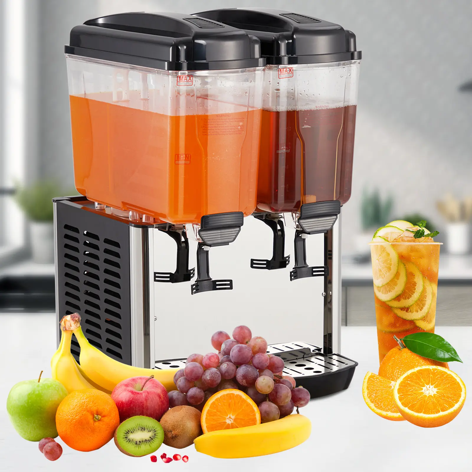 Commercial Cold Beverage Dispenser with Thermostatic Cool - 2 Large 9.5 Gal Stainless Steel Tanks - 300W Thermostat Control - Suitable for Juice, Iced Tea - Ideal for Restaurants, 9.5 Gal Tanks