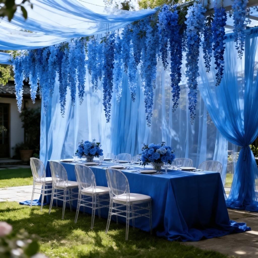 One piece, made of romantic deep blue tulle fabric, perfectly suited for various decorative needs such as wedding arches, ceremony backdrops, banquets, birthday parties and holidays, indoor and outdoor decorations, anniversaries, and party supplies sets.