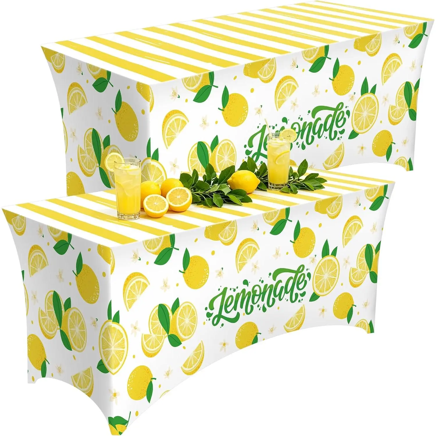 Kochorie 2-Pack Stretch Fit Lemon Table Covers, 72x30" Stripes Playful Spandex Tablecloths for Summer Gathering, Beach Theme Party Decor (Home & Festive Supplies)