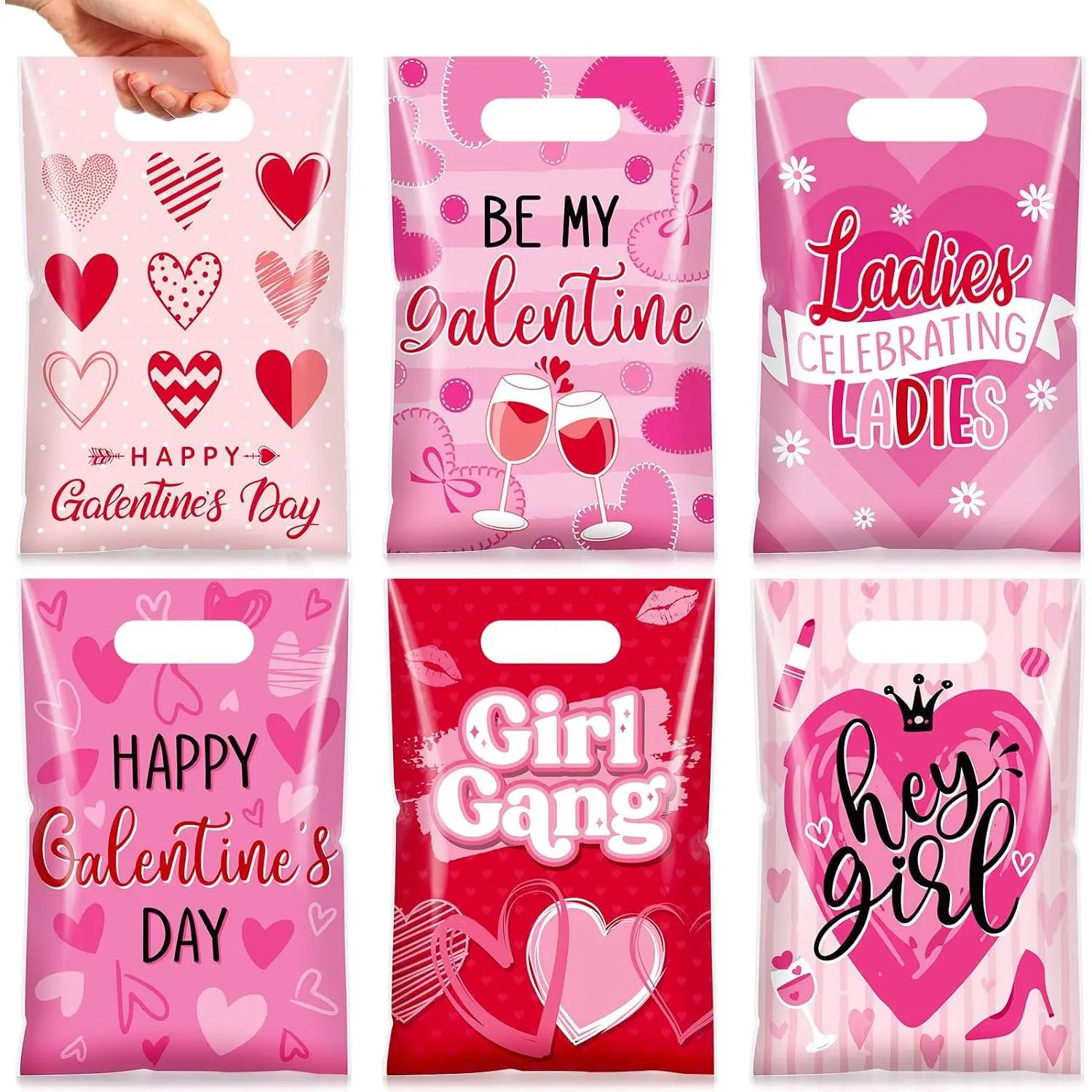 60-Count Red Plastic Heart Goodie Bags with Sturdy Handle, Small-Size Galentine's Day Party Favor Pouches for Women, Festive Friendship Party Supplies