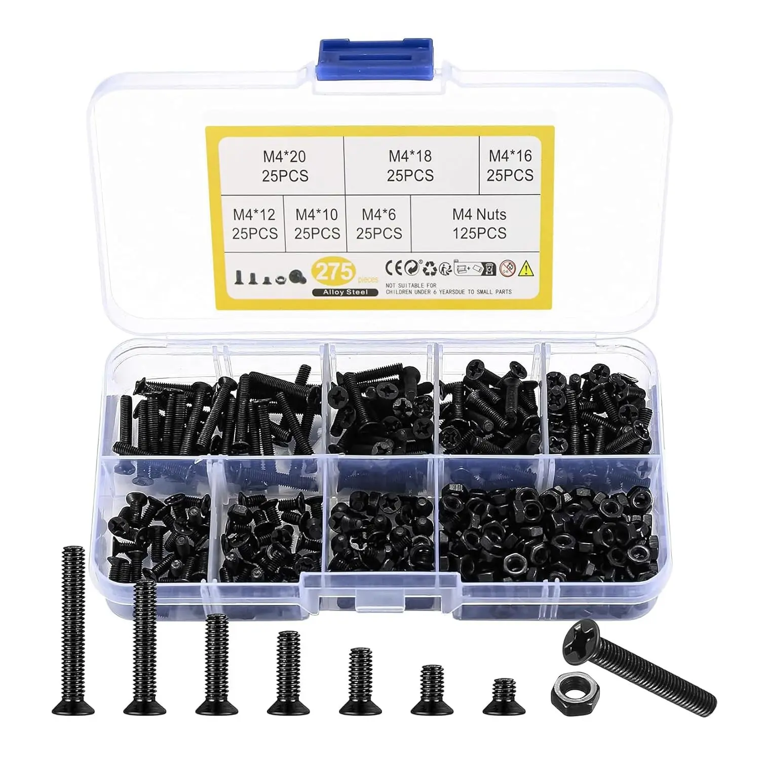 M4 Flat Head Machine Screws and Nuts Kit, 275 Pcs Black Countersunk Head Phillips Screws Bolts Hex Nuts Assortment - M4 x 6mm/10mm/12mm/16mm/18mm/20mm