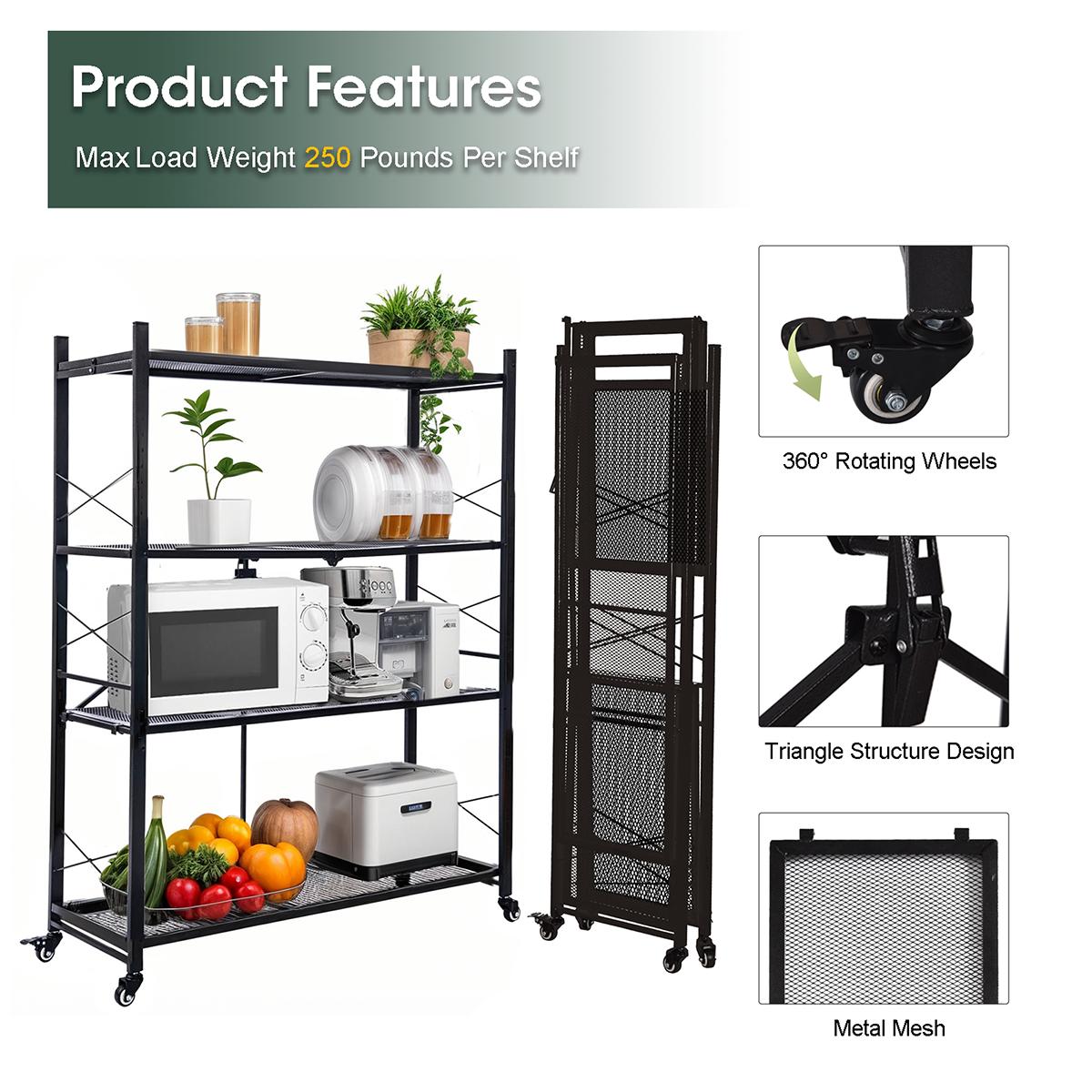 Grezone 3/4/5 Tier Foldable Storage Shelf with Wheels,Collapsible Shelving Unit Display,Rolling Cart for Books Kitchen Storage Shelves Steel