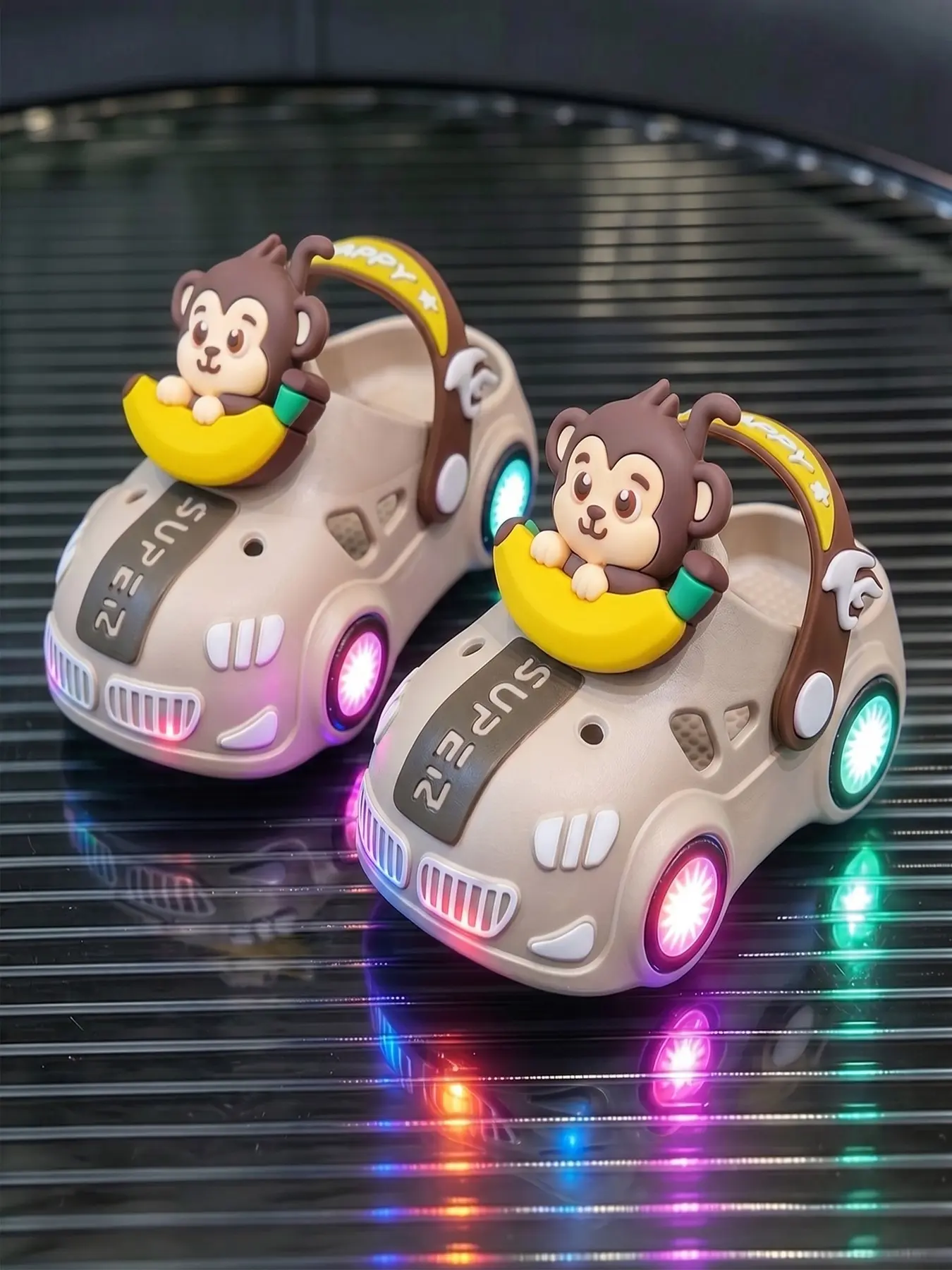 Summer Kids Cartoon Banana Monkey and Glowing Car Style Slippers, Cute Cartoon Slides, Fun Unisex Slippers with Non-Slip Soft Sole, Cute PVC Material, Below-Ankle Height