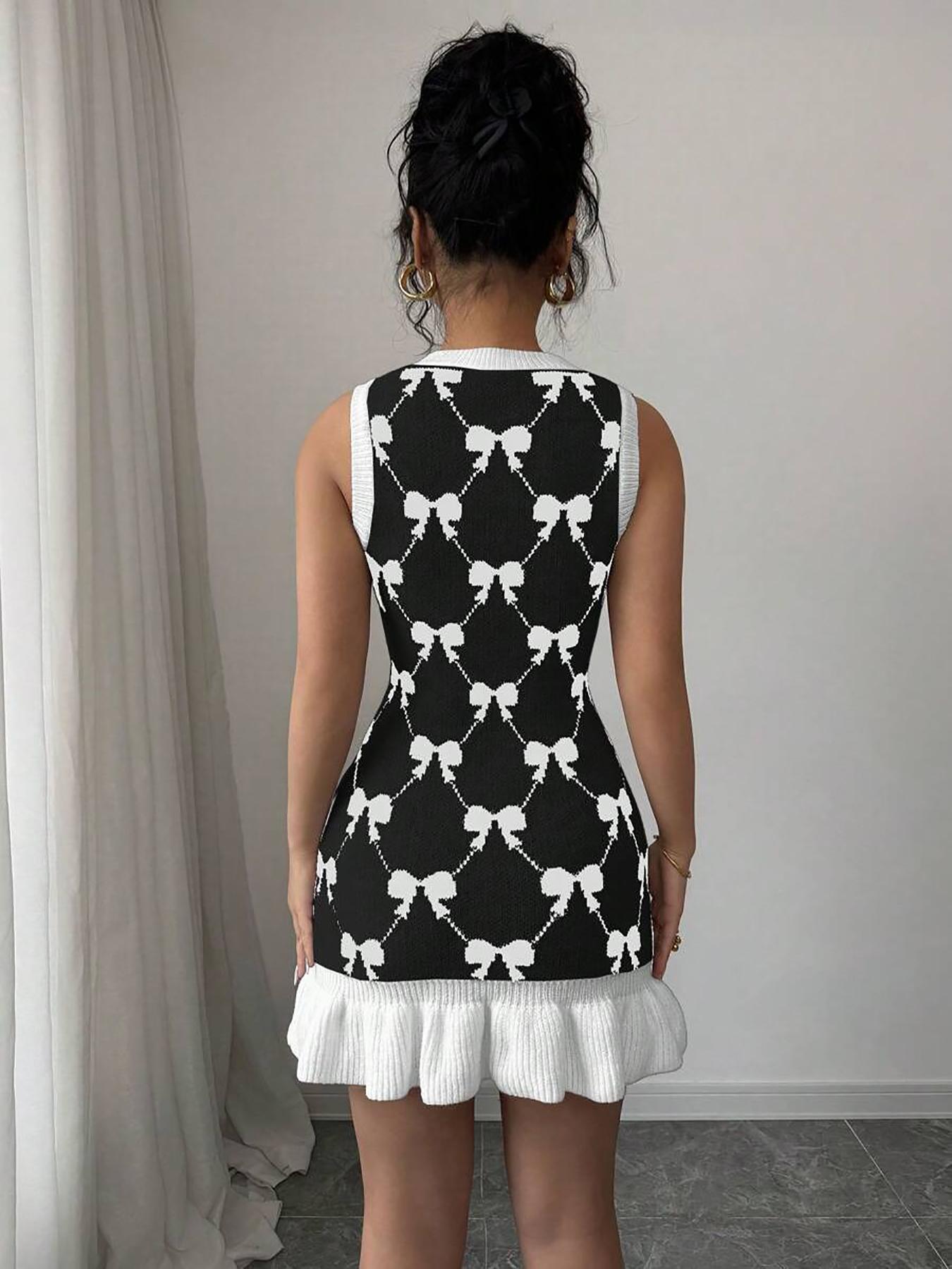 Women's Bow Print Ruffle Hem Sweater Dress, Sleeveless Round Neck Knit Casual Chic Fitted Elegant Dress for Summer, Fashion Women's Dress for Daily Wear, Casual Summer Chic Womenswear