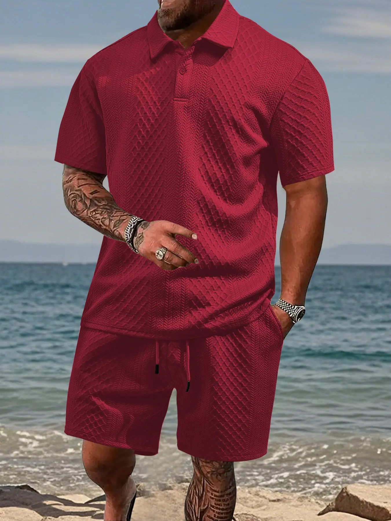 Men's 2-Piece Set Solid Color Short Sleeve Polo Shirt and Drawstring Shorts, Loose-Fit Casual for Daily Wear, Beach Vacation