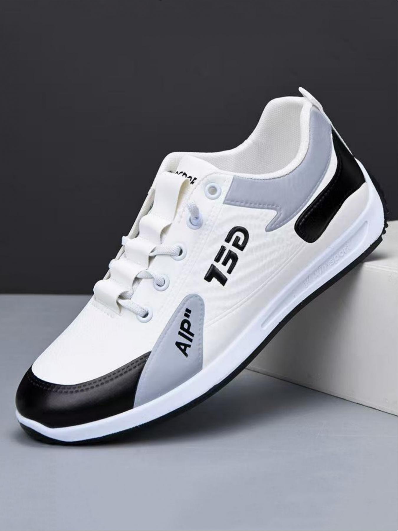 Men's casual sports shoes, simple splicing design for breathability and comfort, contrasting tongue and eye-catching letter logo for fashionable embellishment, ideal for light commuting and sports wear
