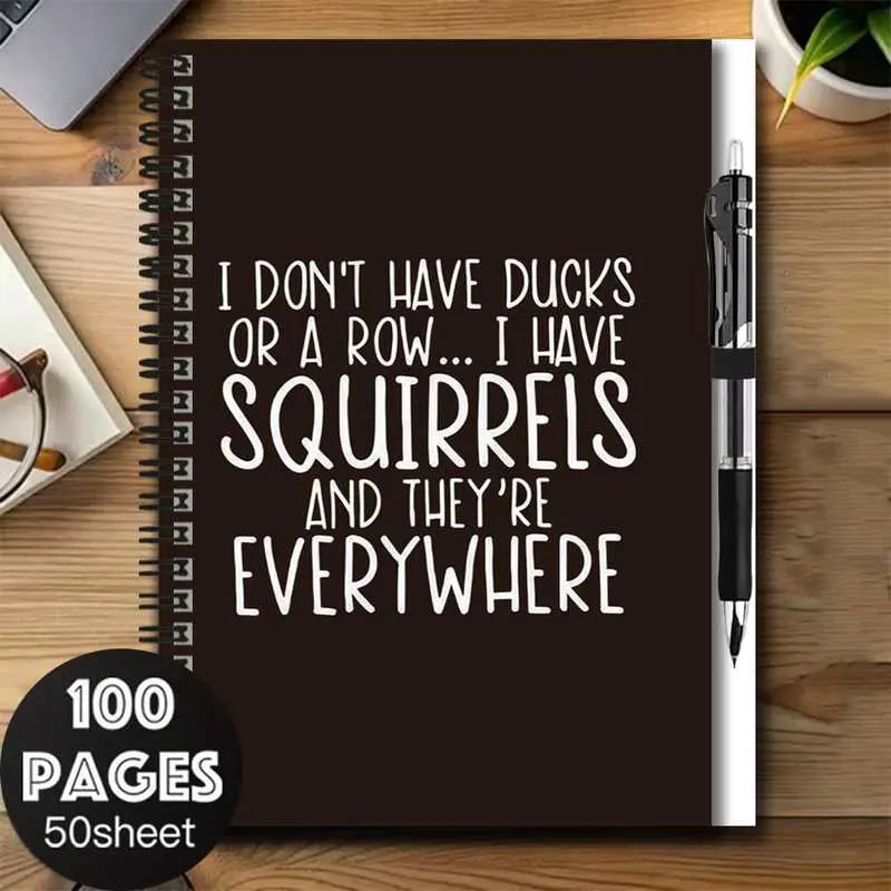 A fun 2D cover spiral notebook and pen set, Funny notebooks, featuring a humorous design with the phrase Squirrels Scrambling, a great companion for work and study, suitable as a graduation gift, birthday present
