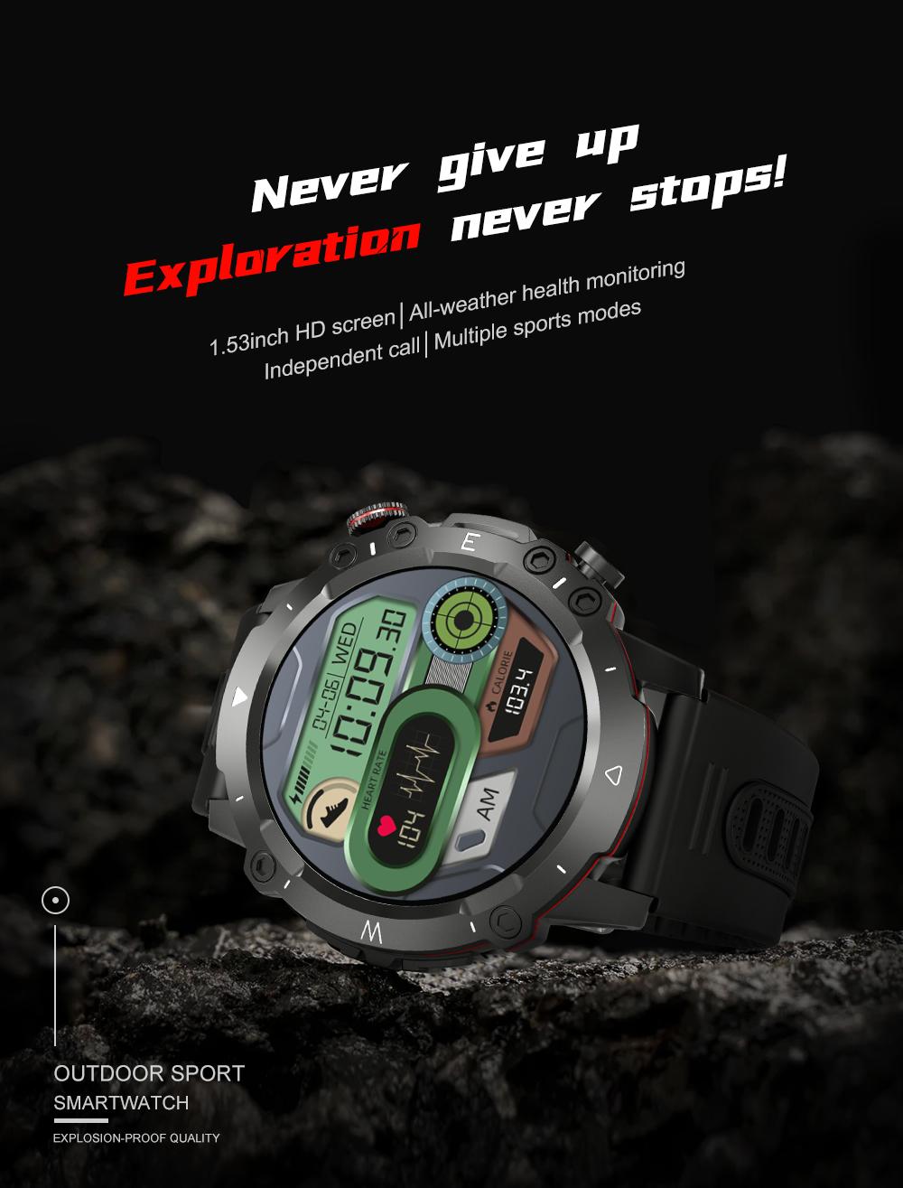 ZW48 Tactical Bluetooth Calling Smart Watch 1.46 Inch HD Round Display LED Flashlight for Outdoor Fitness Daily Wear