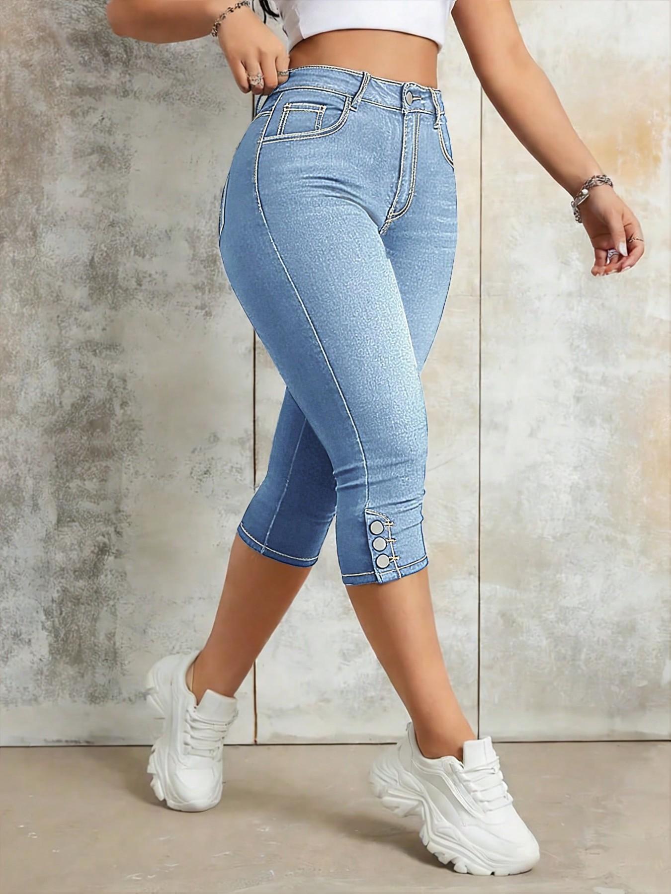 Women's Elastic Slim Fit Denim Capri Jeans, Button Fly Detail, Functional Pockets, Butt Lifting, Casual Daily Wear, Everyday, All Seasons Women's Elastic Slim Fit Denim Capri Jeans, Button Fly Detail, Functional Pockets, Butt Lifting, Casual Daily Wear, Everyday, All Seasons
