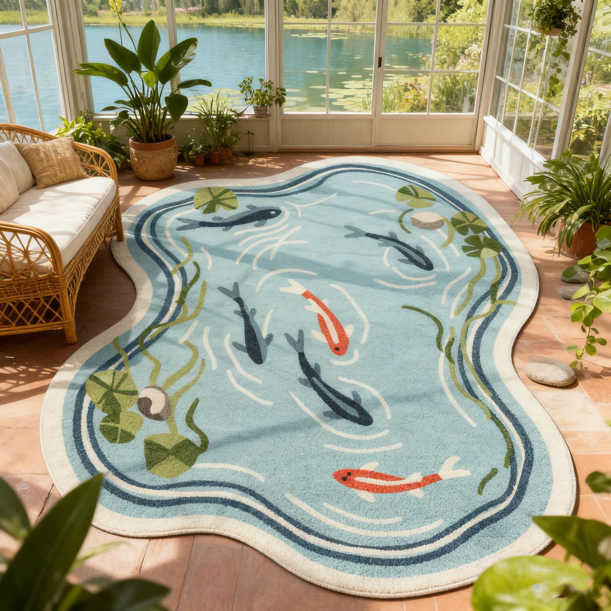 New Oriental Koi Pond Irregular Shape Carpet, Balcony Sunroom Natural Plush Mat, Lotus Leaf Water Grass Fish Pattern Home Decor Non-Slip Thick Rug, Botanical Area Rugs #TOP PICKS