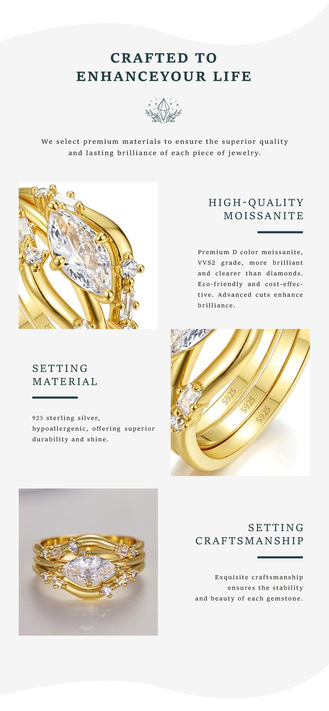 Moi Mart Luxurious Three-in-One Marquise Cut Synthetic Moissanite Ring, Stackable Ring Set, 925 Sterling Silver Jewelry, Perfect gift for Her