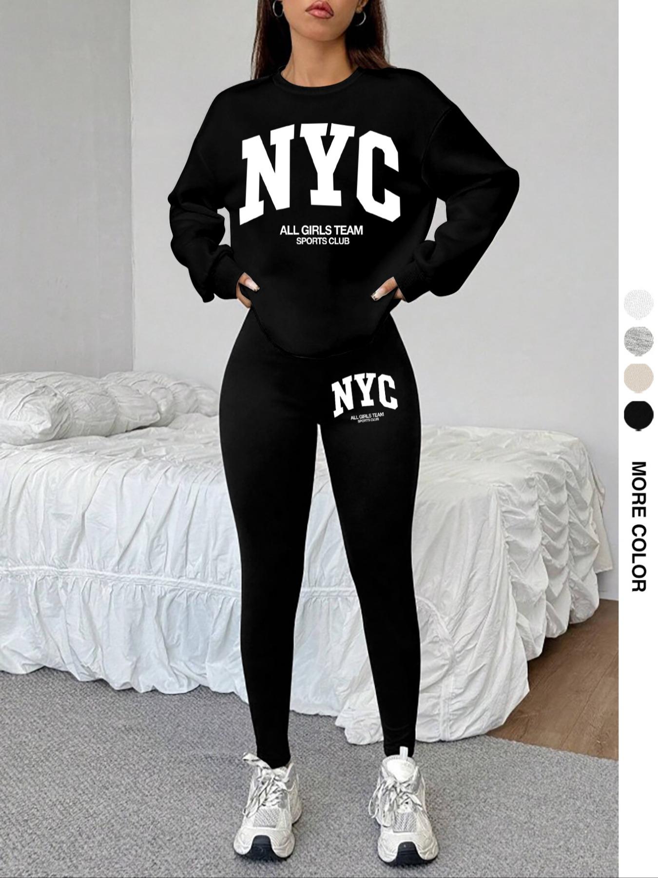 Women's Nyc Letter Print Sweatshirt Set, Track Pants Set, Round Neck Long Sleeve Top, Fitted Bottoms, Casual Fall & Winter, Holiday Sale