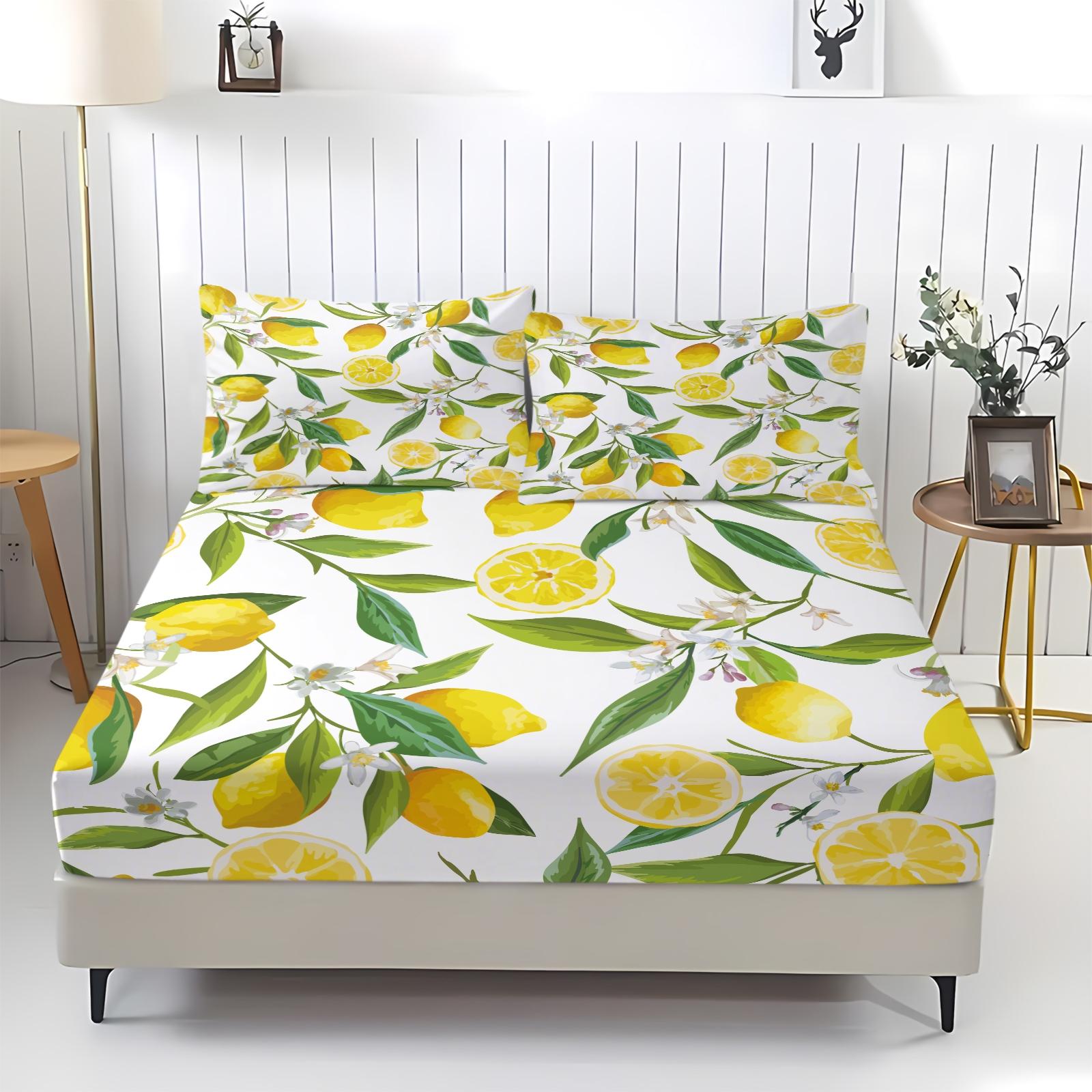 3pcs Watercolor Lemon Fitted Sheet Set, Fresh Fruit Bed Sheet Set, Soft Microfiber Bedding Set (No Fillers), Summer Citrus Mattress Cover for Girls Bedroom & Guest Room