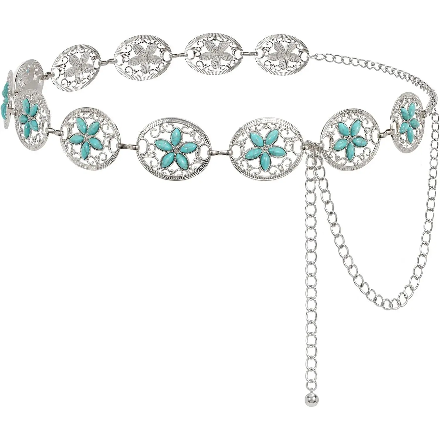 LEACOOLKEY Women Turquoise Concho Chain Waist Belt Silver Western Cowgirl Metal Chain Belt for Dress Adjustable