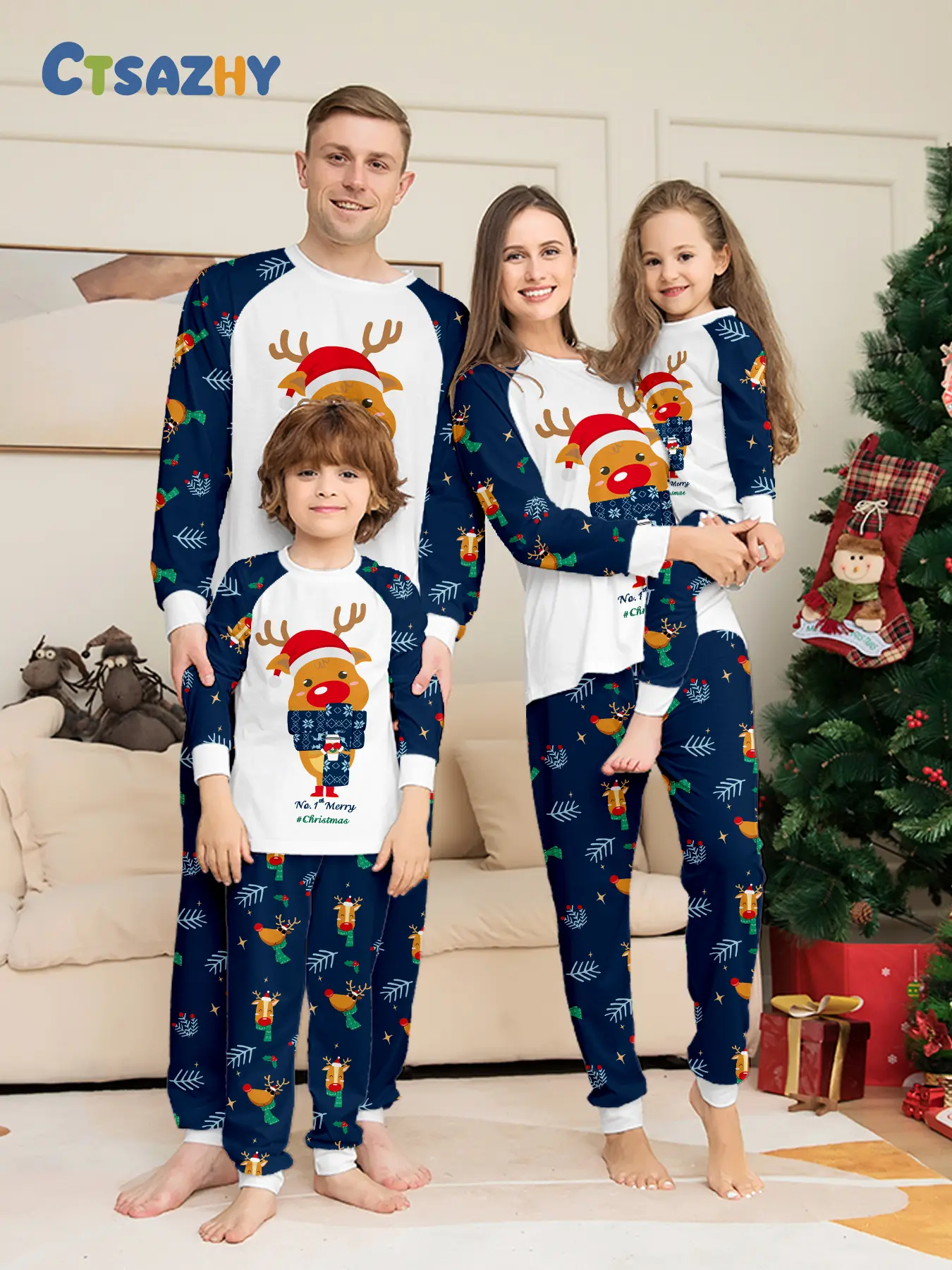 Navy Blue Raglan Sleeve Matching Family Christmas Pajama Set, Rudolph Reindeer Full Print White Cuff Loungewear, Soft Sleepwear for Adults Kids Couple, Minimal Dark Tone Holiday Matching Outfits for Family of 3 & 4