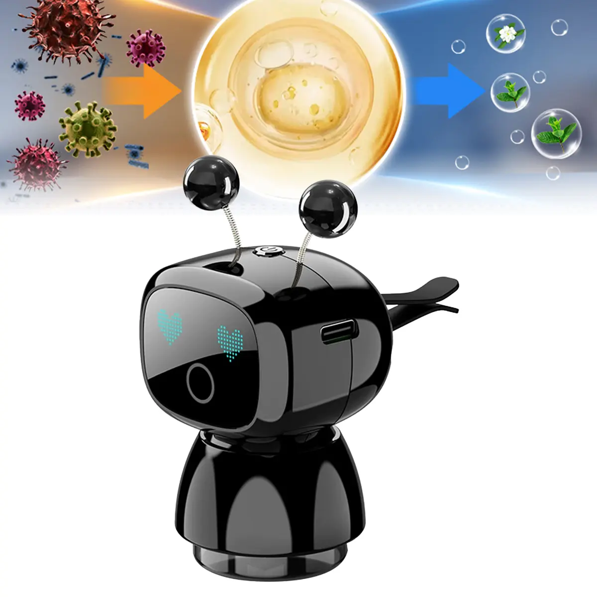 Upgrade Intelligent Robot Aromatherapy Car Diffuser – Auto Sensing Start/Stop, Fine Spray Atomization, 3-Gear Adjustable Fragrance, Vibration Sensor, 50ml Fillable Tank, 180-Day Battery, Cute Robot Design with LED Eyes, Car Odor Remover Black