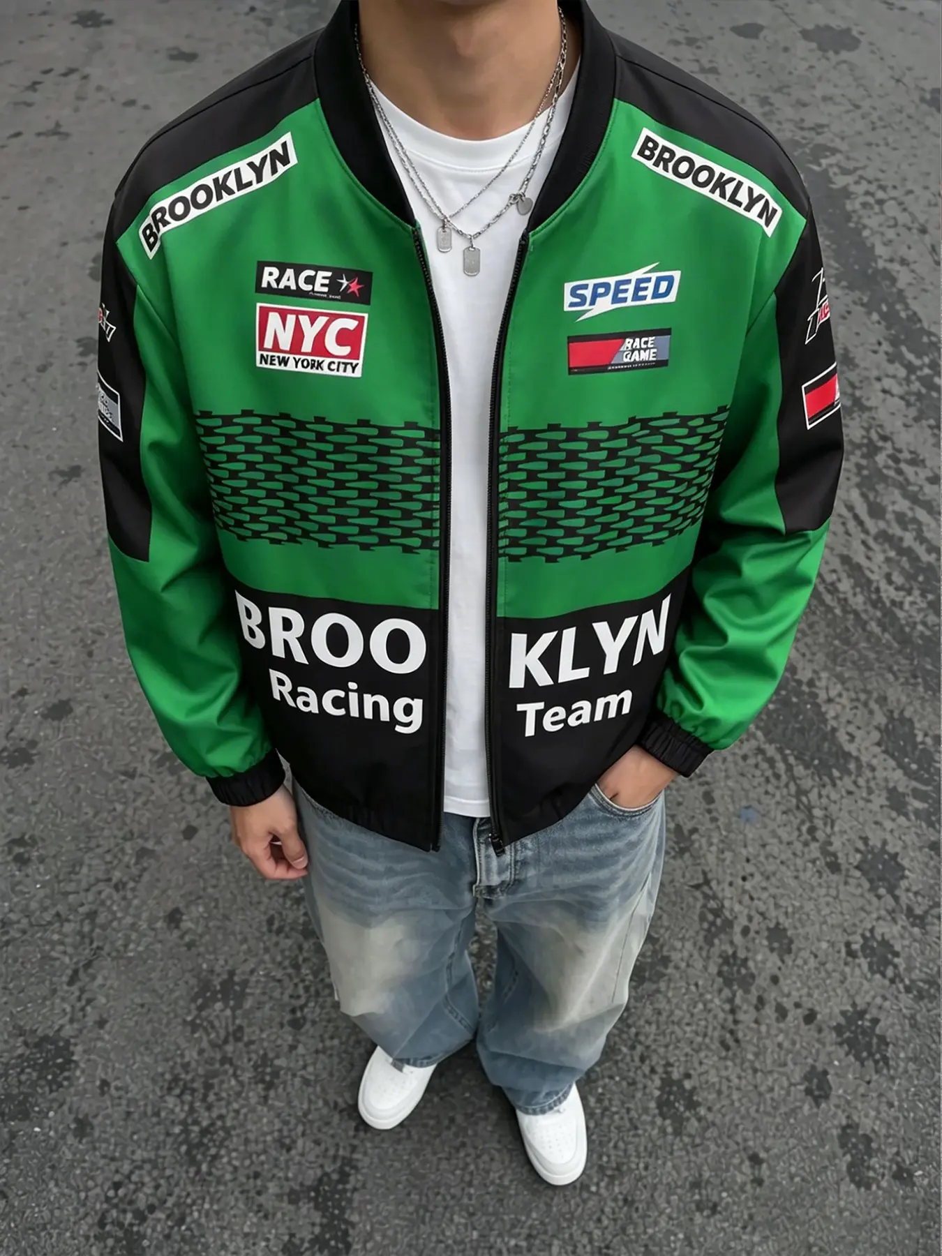 Men's Brooklyn Racing Team Baseball Jacket, Casual, Colorblock Full Zip Letter Print Street Style Pilot Coat, Trendy Outerwear