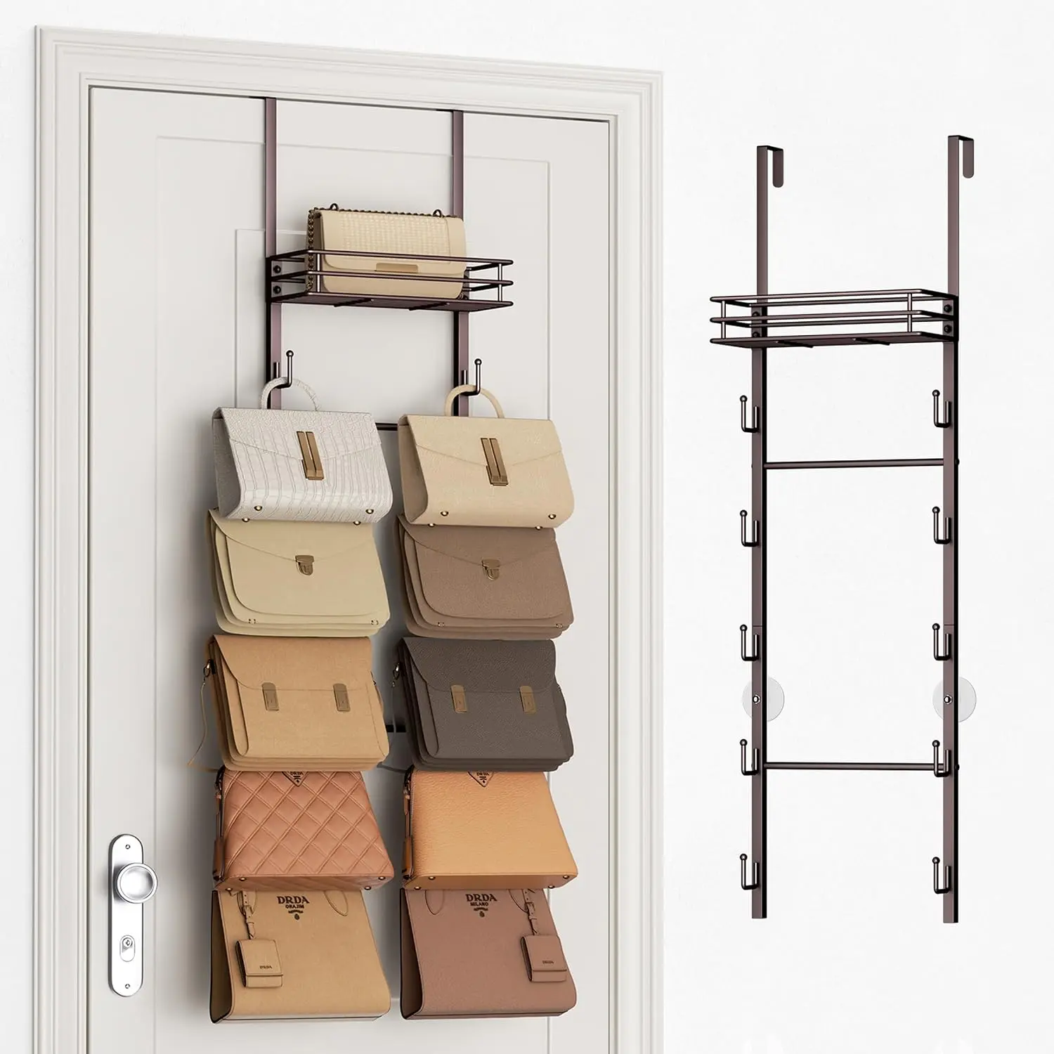 Over The Door Purse Organizer - Wall Mounted Handbag Organizer with 10 Hooks and Metal Basket,  Purse Storage Rack Holds up to 10 Bags, Bag Rack Can Use As 1/2 Part, for Door, Closet