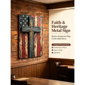 Vintage Christian Metal Wall Sign – "In God We Trust" American Flag Cross Decor, 8x12 Inch Rustic Aluminum Plaque, UV Printed Faith Wall Art for Home, Office, Porch, Indoor & Outdoor