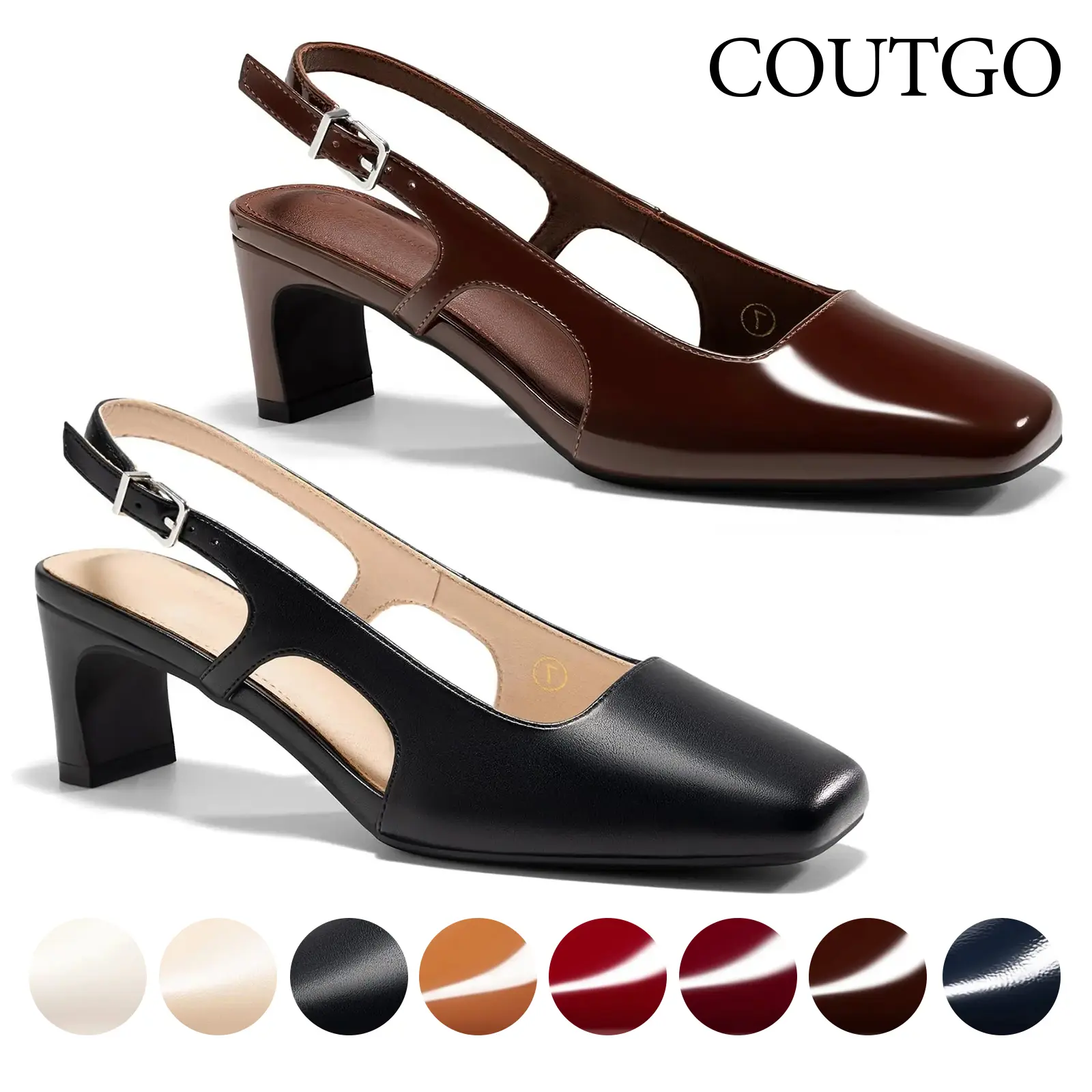 Coutgo Women's Chunky Block Low Heel Slingback Pumps - Closed Square Toe, Plain, Breathable Shoes for Women, Casual Wedding Party Dress Shoes
