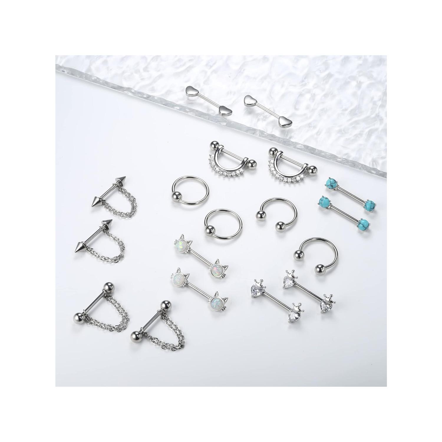 9 Pairs Nipple Rings for Women 14G Stainless Steel CZ Opal Hoops Nipple Rings with Chain Rose Silver Tone Heart Nipple Piercing Jewelry