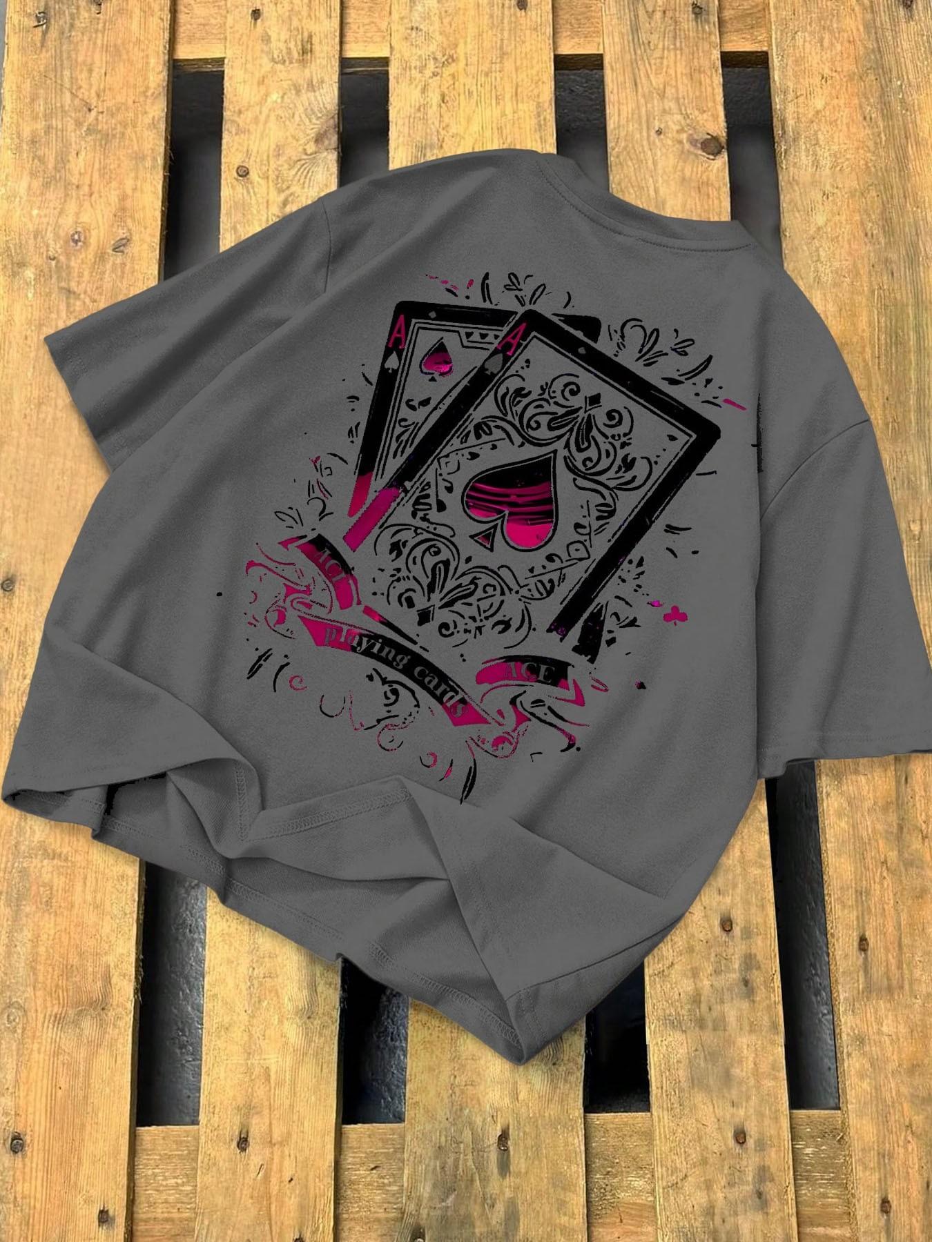 Men's Casual Short-Sleeve T-Shirt, Long Vintage Street Style Ace of Spades Playing Card Print, Loose and Versatile Top, Suitable for Hip-Hop Fashion, Streetwear and Daily Wear