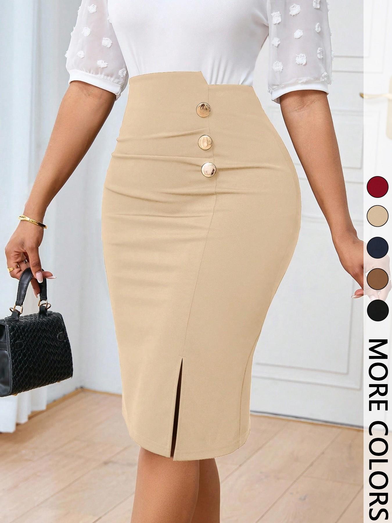Women's Commuting Minimalist Solid Color A-line Skirt Button Front Pencil Skirt, Asymmetrical Button Suitable for All-season Fashion Skirt
