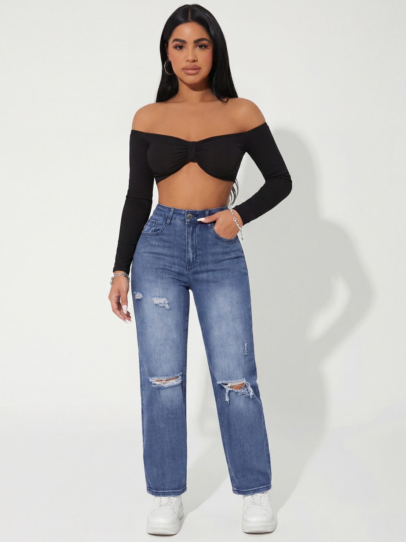 Women's High Waist Medium Blue Washed Ripped Straight Leg Denim Jeans, Vintage Style, Casual American Streetwear, All Seasons