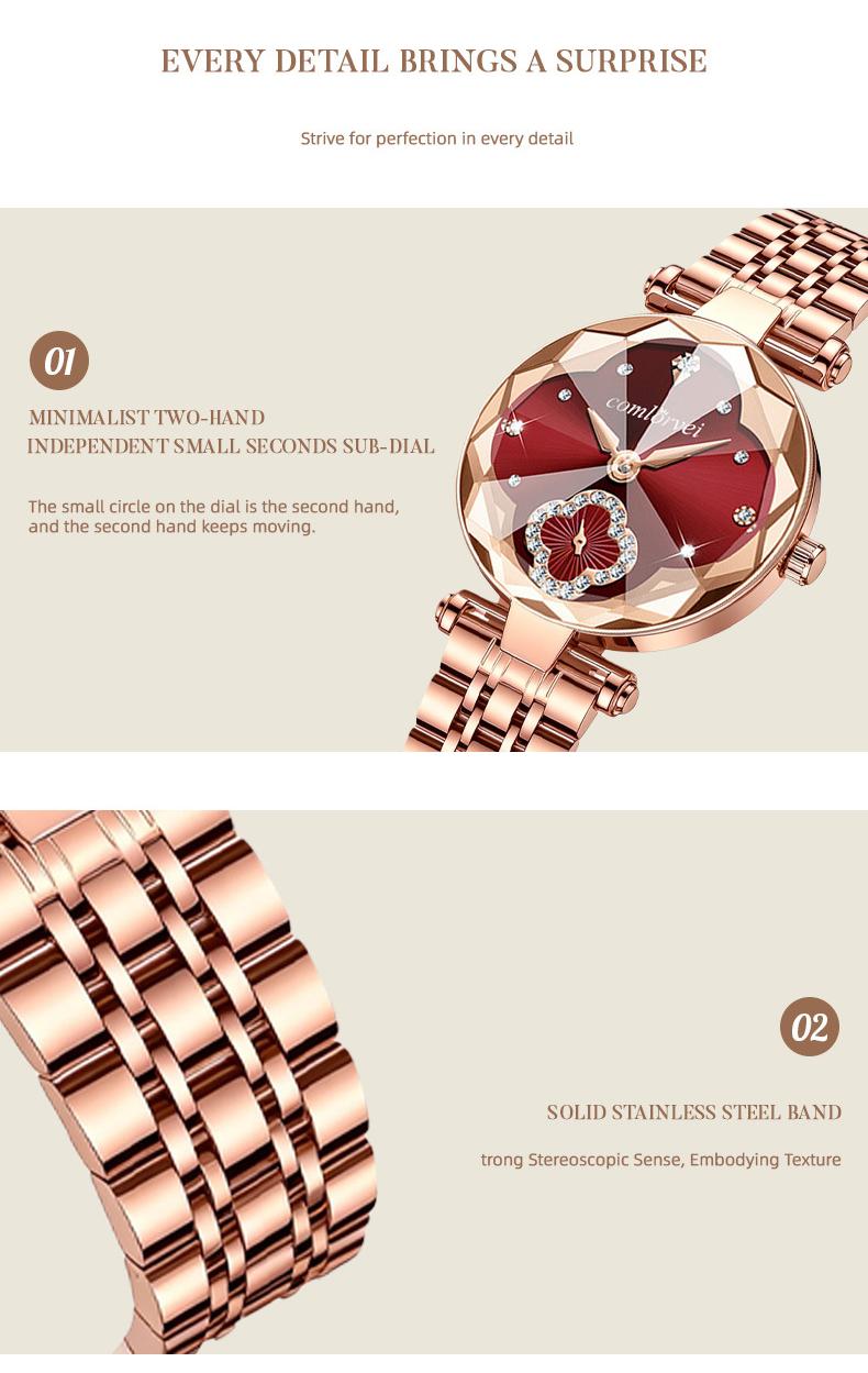 Women's Luxury Rose Gold Quartz Watch - Red Clover Dial with Crystal Accents, Diamond Flower Detail, Stainless Steel Band, Elegant Dress Wristwatch, Perfect Gift for Her