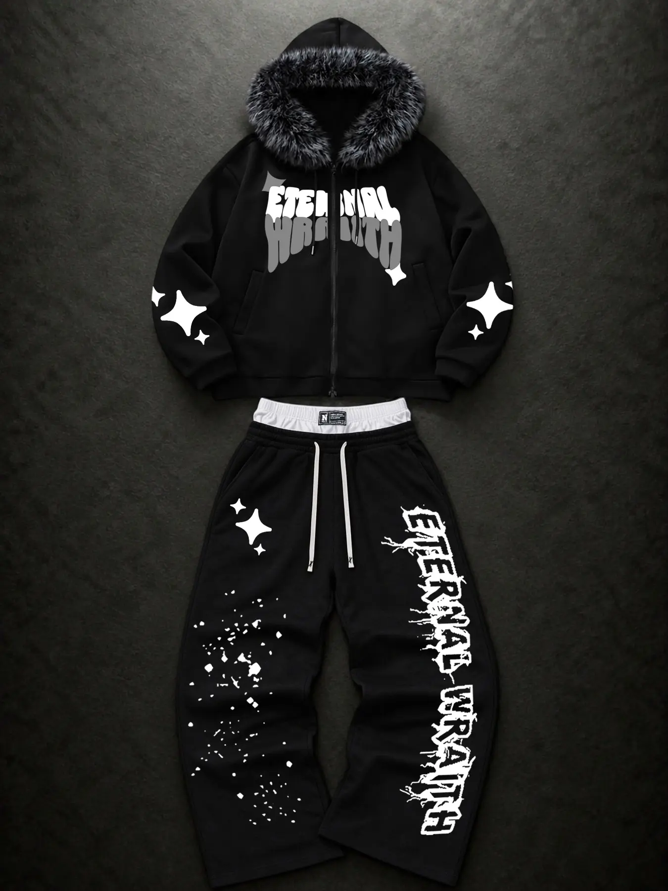 Men's American Streetwear Two-Piece Set, Black Fur Hoodie + Wide-Leg Pants, Y2K Graffiti Print, Heavy Metal Subculture Style