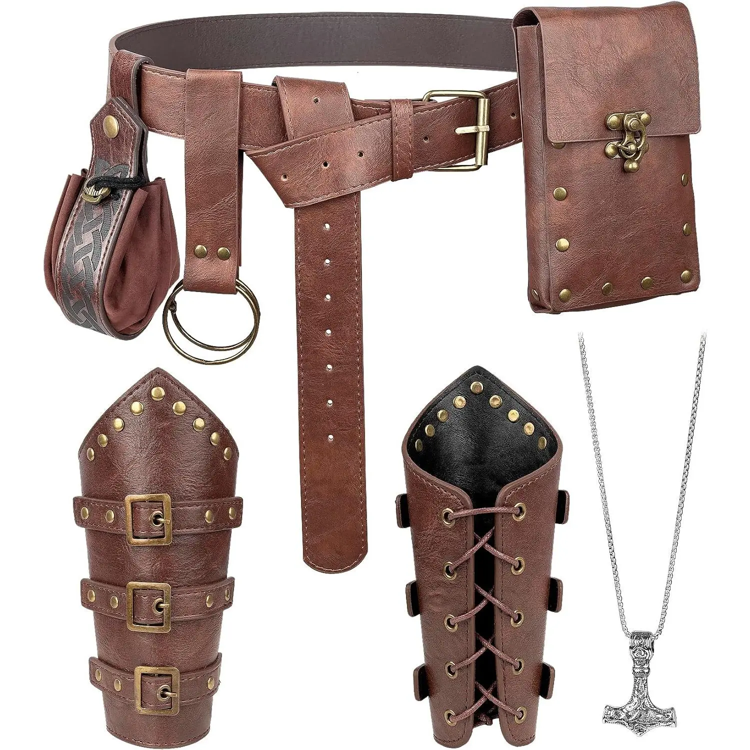 7 count Renaissance Accessories – Medieval Belt,  Leather Bracers, Belt Pouch &  Bag for Halloween