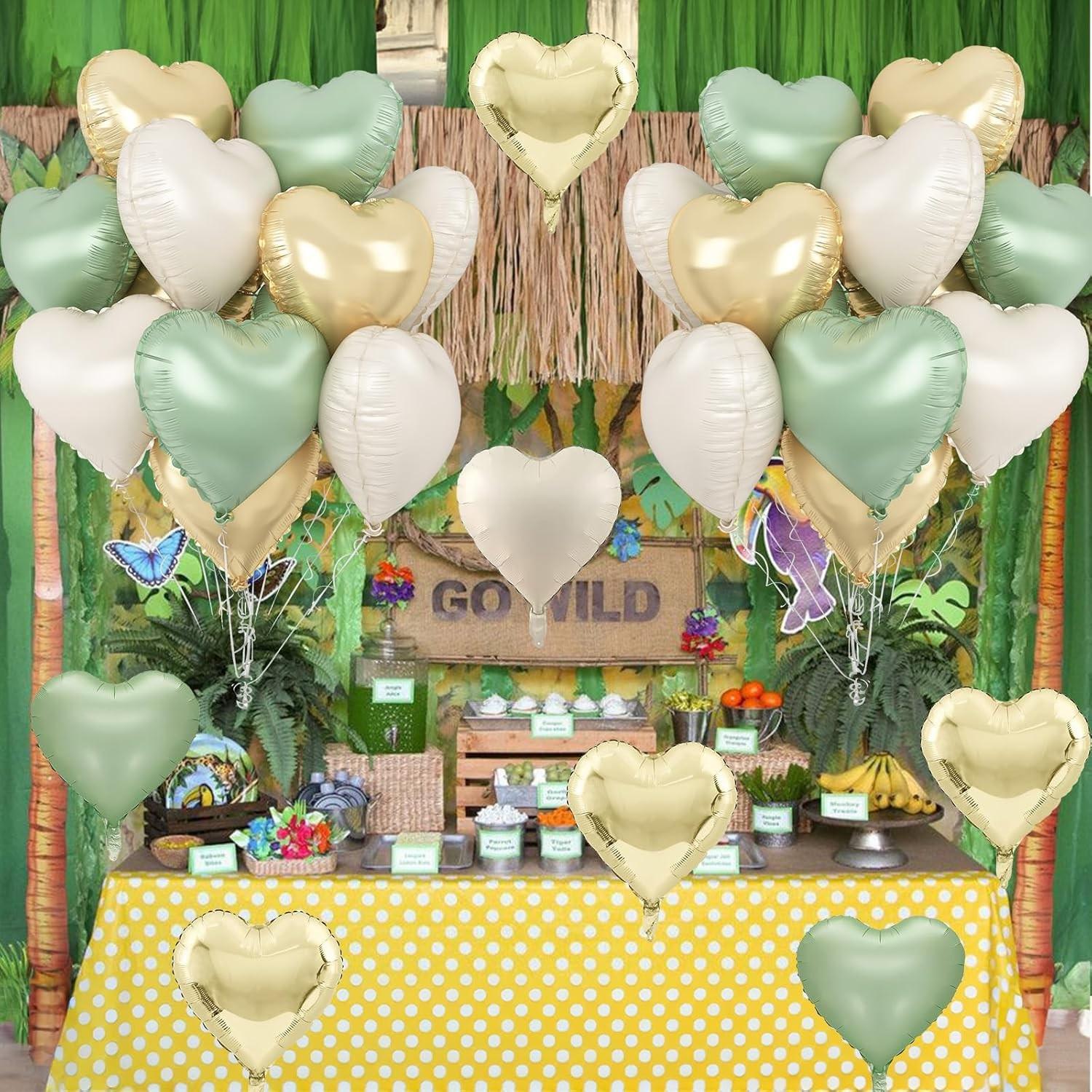 Green gold heart-shaped balloons, 12 green gold heart-shaped aluminum foil balloons with 2 accessories, 18 inch green cream white heart-shaped foil balloons, suitable for jungle, forest, birthday, wedding, baby party, party decoration