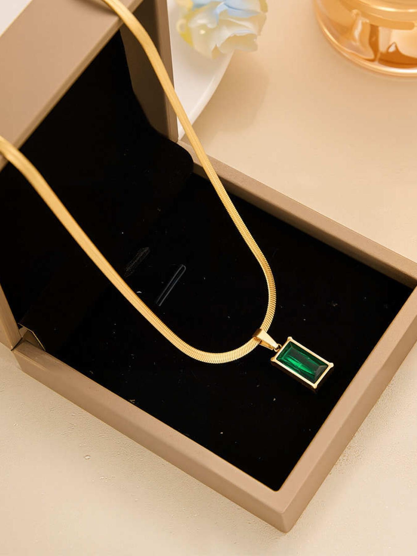 Luxury Gold Plated Green Gem Necklace Earrings Set, Elegant Emerald Jewelry for Women, Vintage Style Snake Chain Pendant Earrings, Perfect Gift for Her