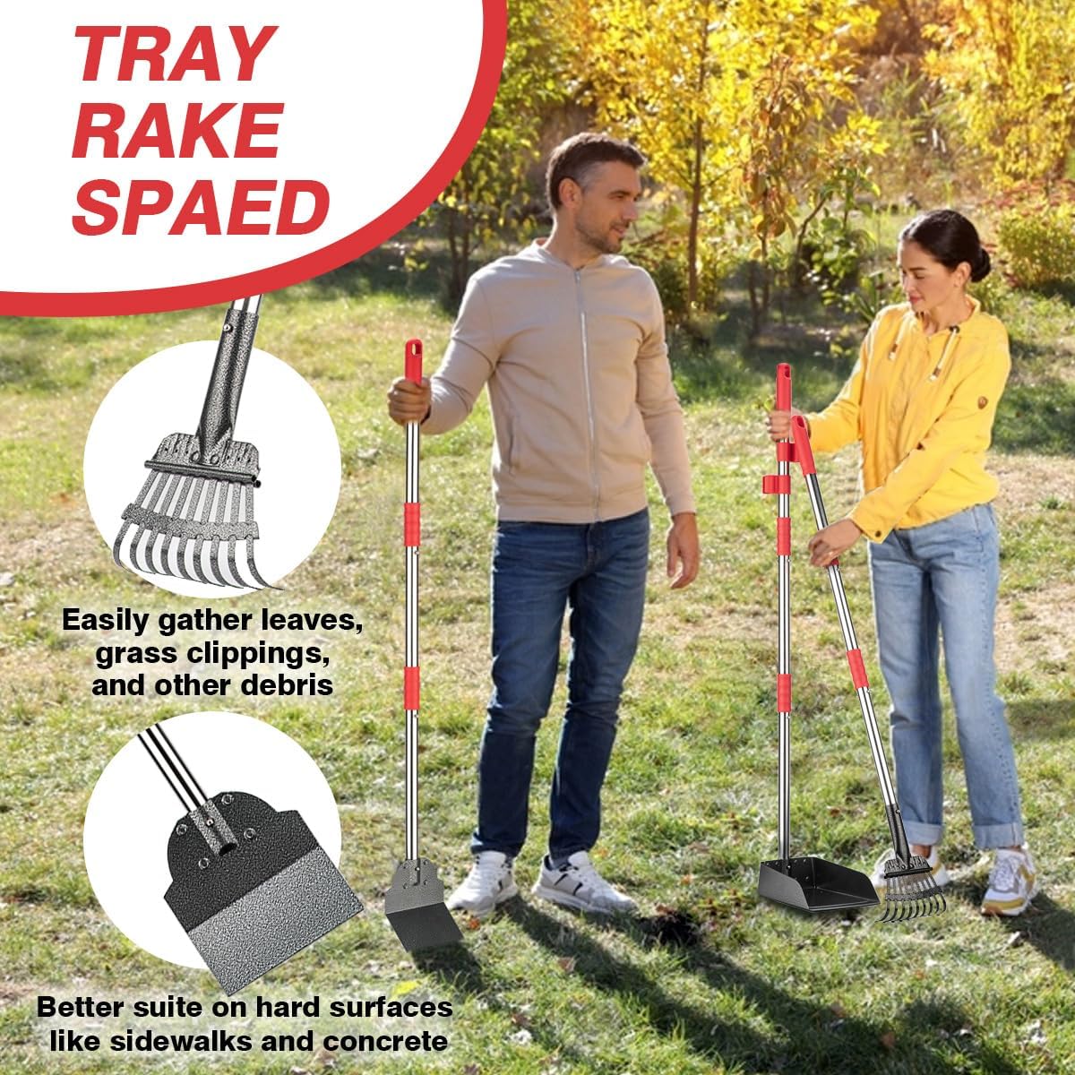 Pooper Scooper, Long Handle  Pooper Scooper, Heavy Duty Stainless Steel Rake with Tray & Spade Set for Pet  Removal, for Grass, Dirt or Gravel