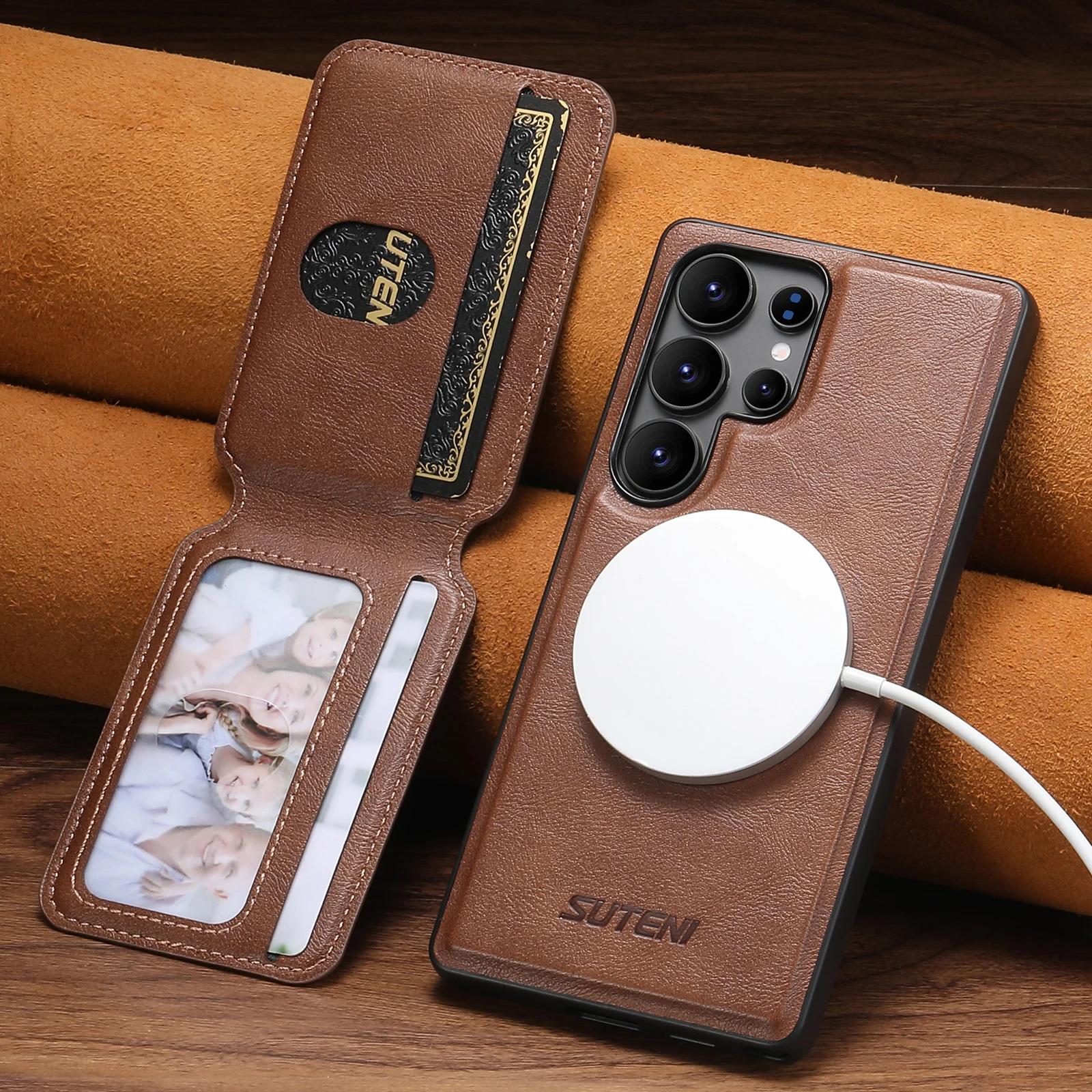 Magnet Wireless Charging Luxury Faux Leather Phone Case Card Holder Stand For Samsung Galaxy S26 Ultra S25 S24 S23 S22