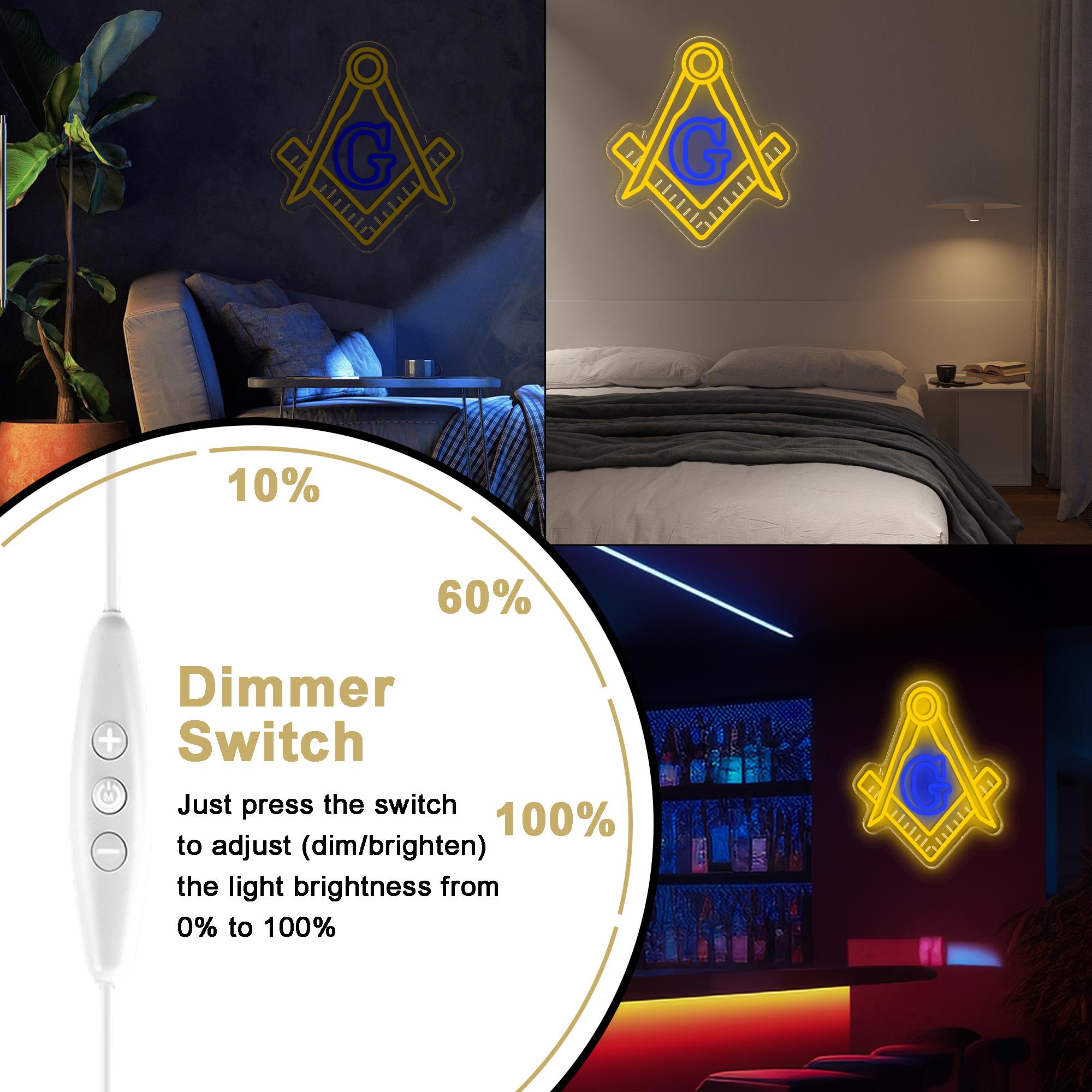 Vibrant Masonic Symbol Luminous Led Sign, Square, Compass and Letter G Pattern Creative Neon Light, Powered by USB, for Office, Wall Corridor, Meeting Room, Club，Halloween Christmas Gift